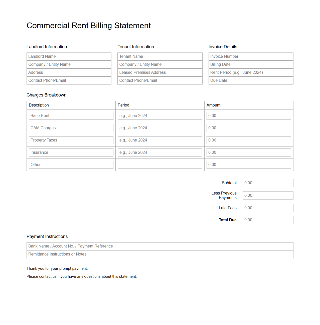 Commercial Rent Billing Template for Landlords