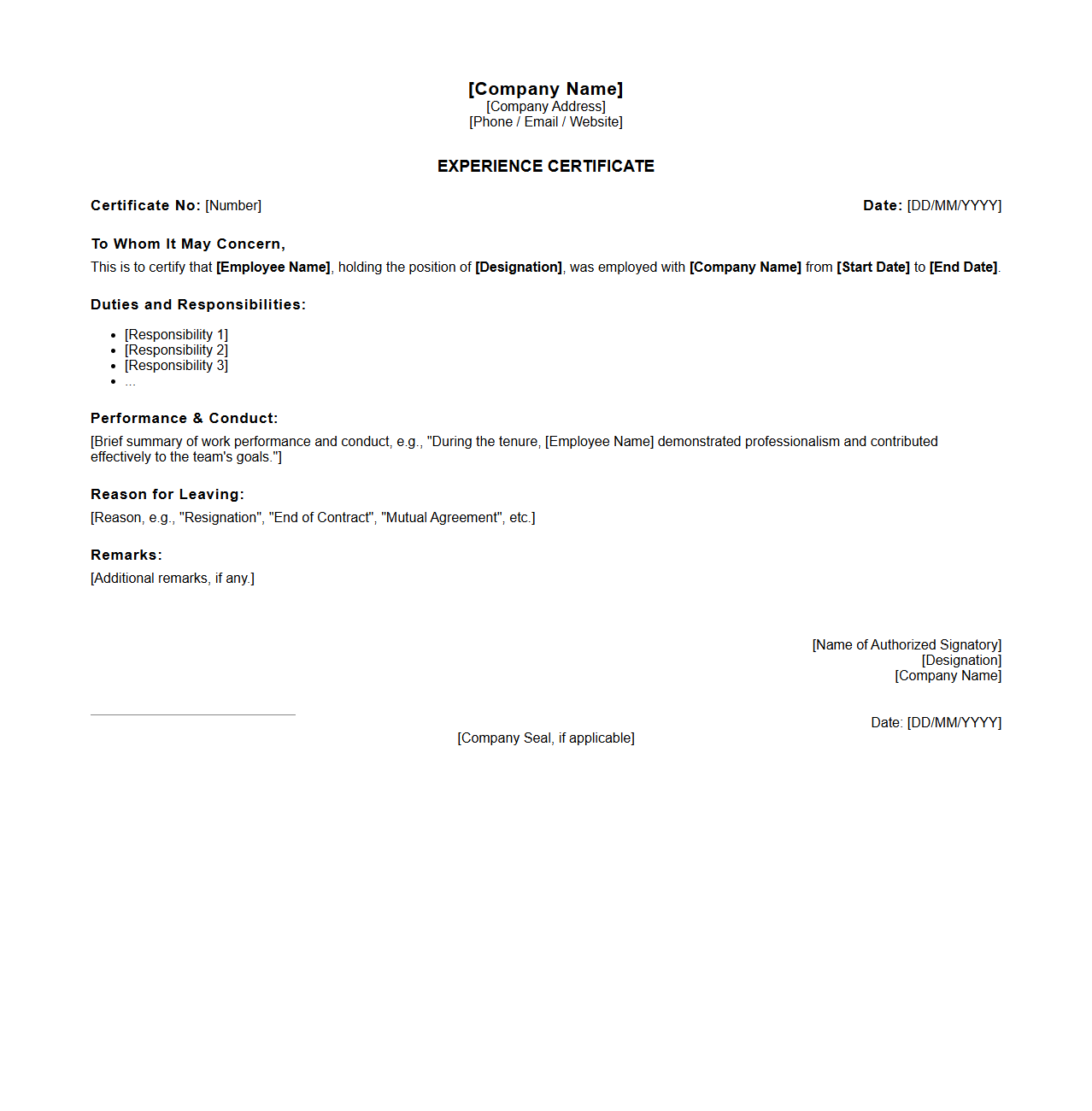 Company Experience Certificate Outline