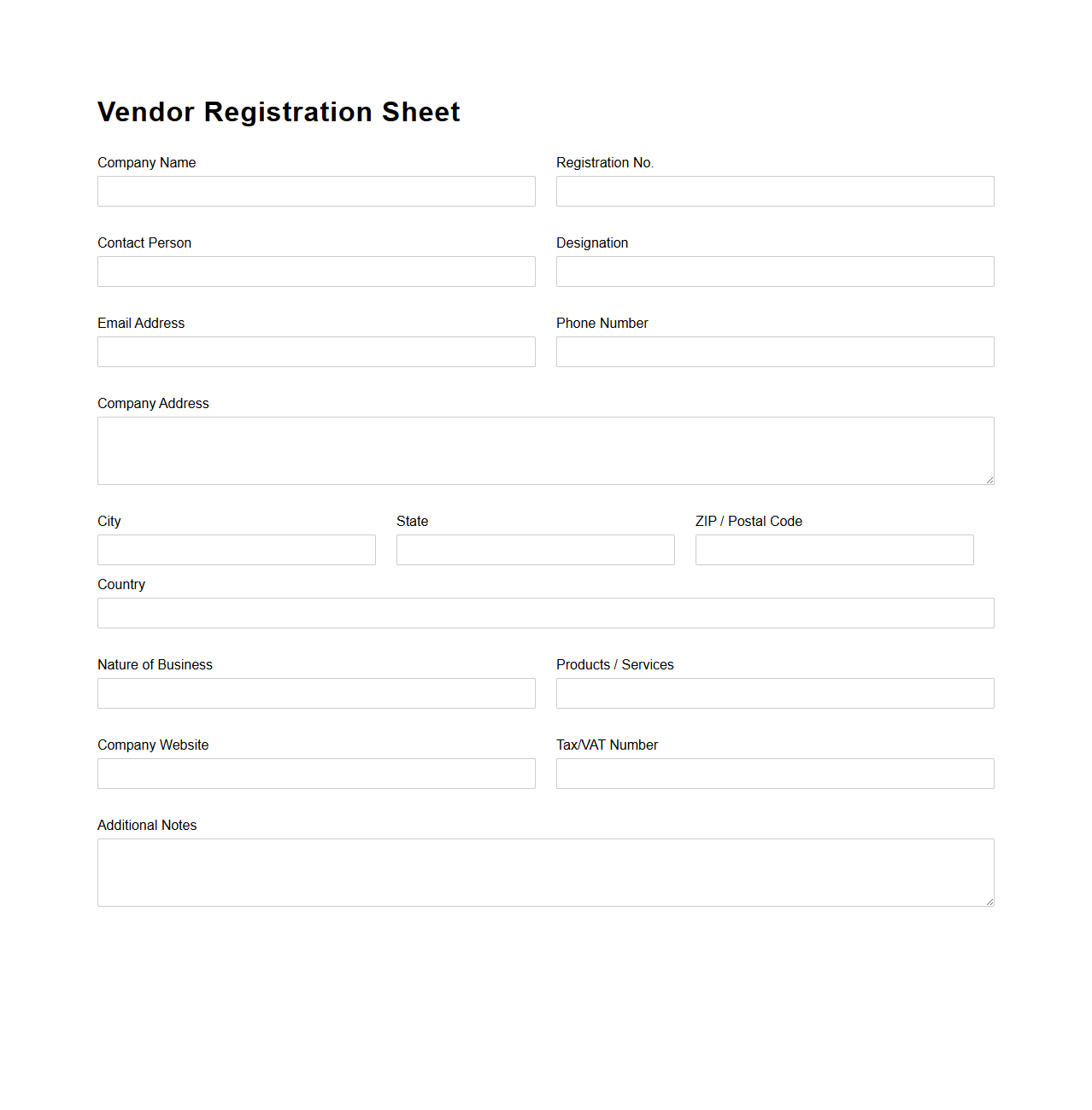 Company Vendor Registration Sheet