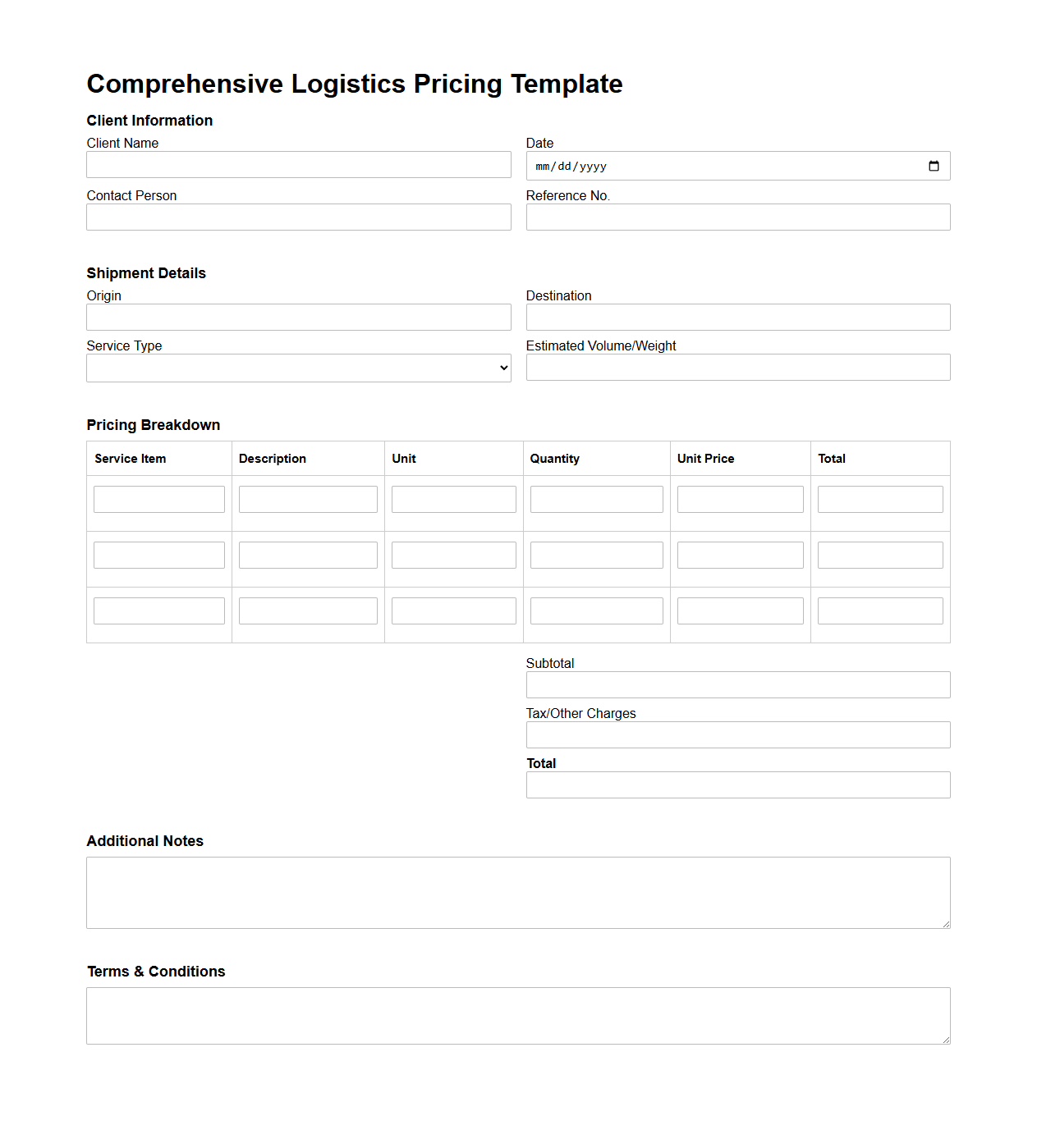 Comprehensive Logistics Pricing Template