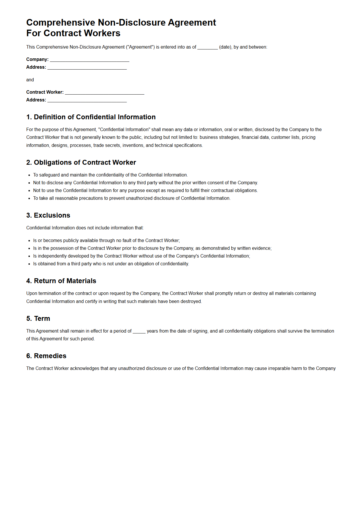 Comprehensive Non-Disclosure Agreement for Contract Workers