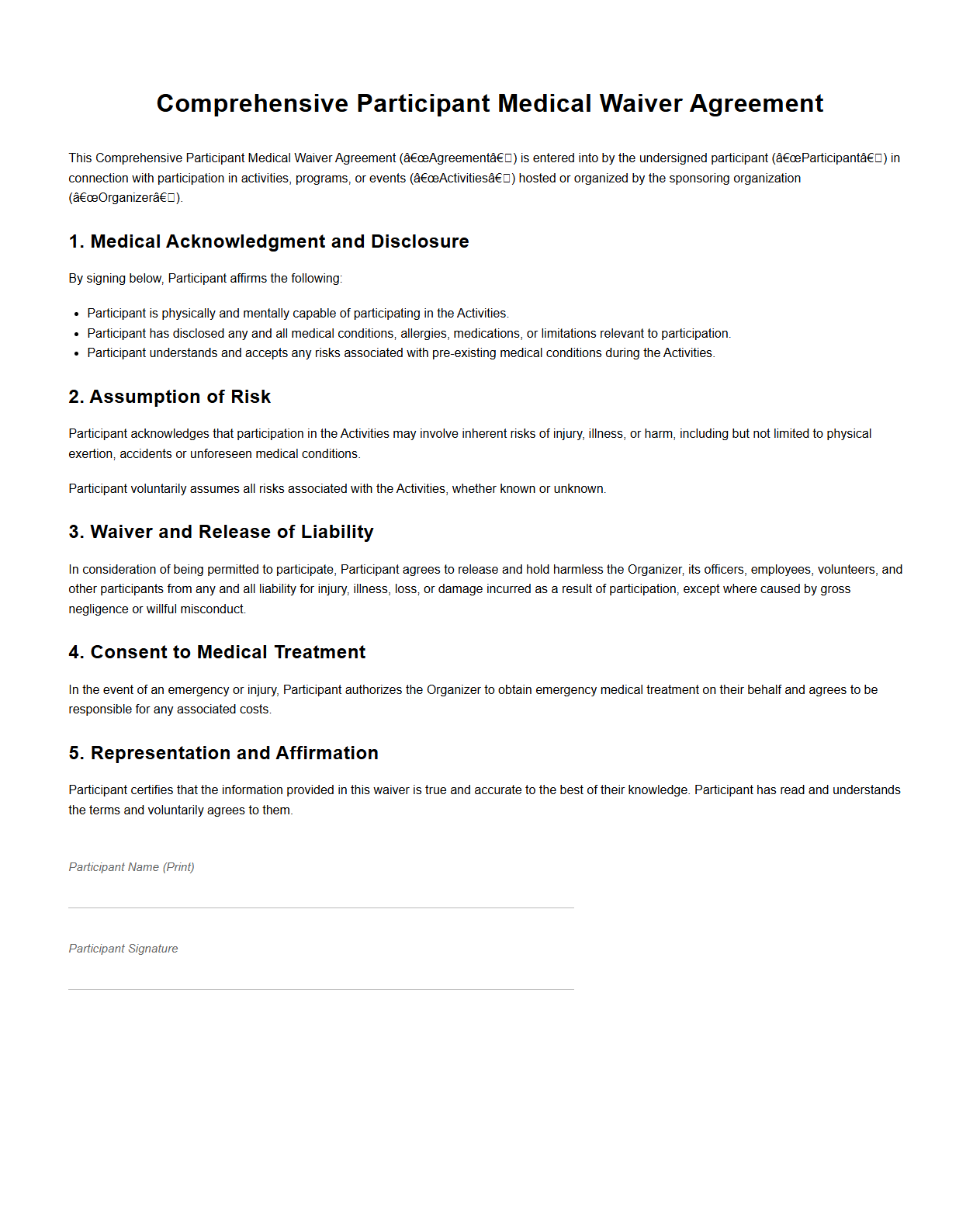 Comprehensive Participant Medical Waiver Agreement