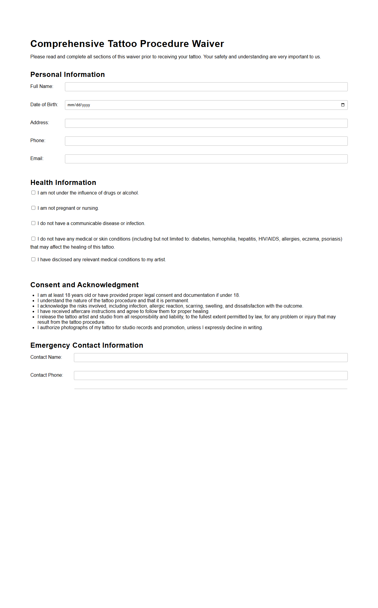 Comprehensive Tattoo Procedure Waiver Template