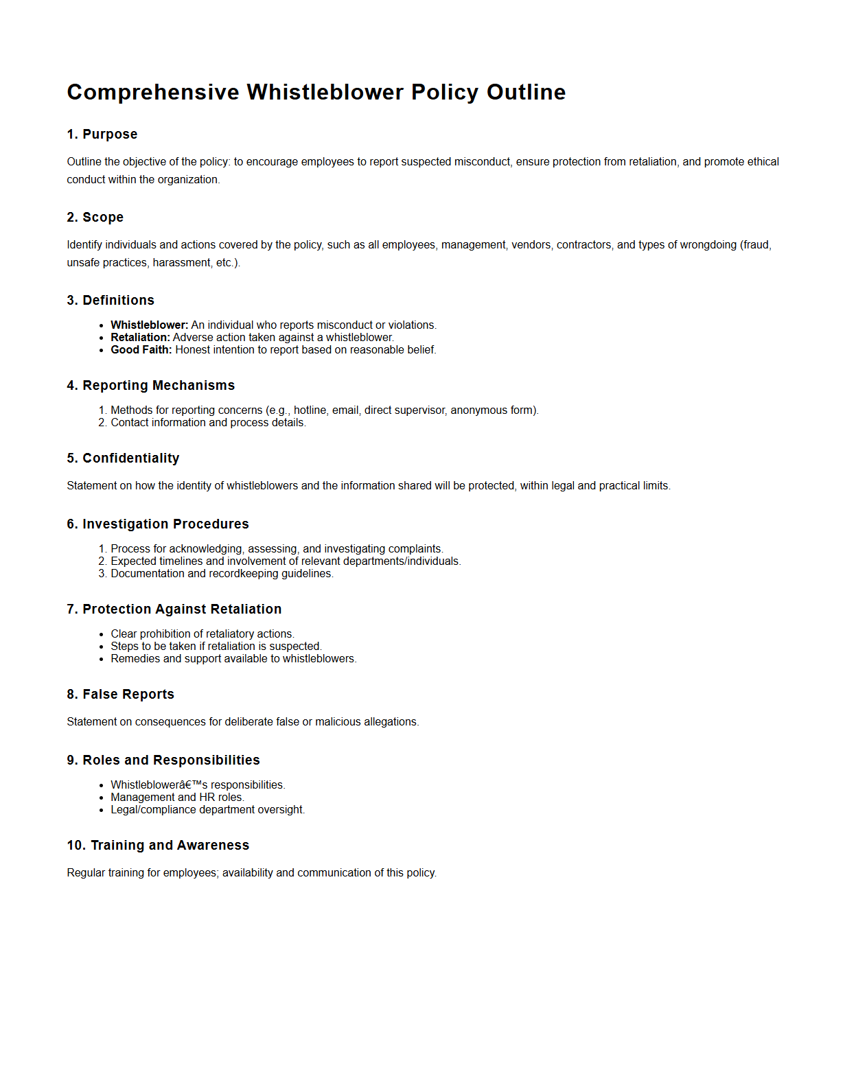 Comprehensive Whistleblower Policy Outline for Organizations