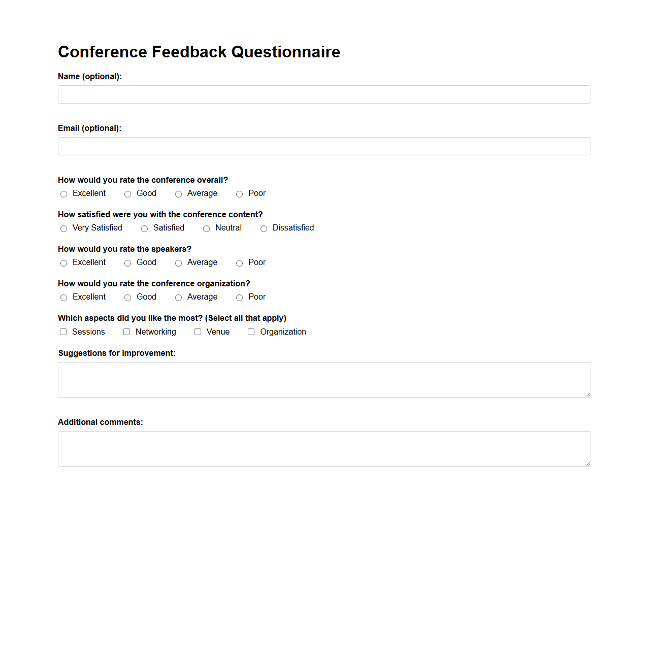 Conference Feedback Questionnaire Template