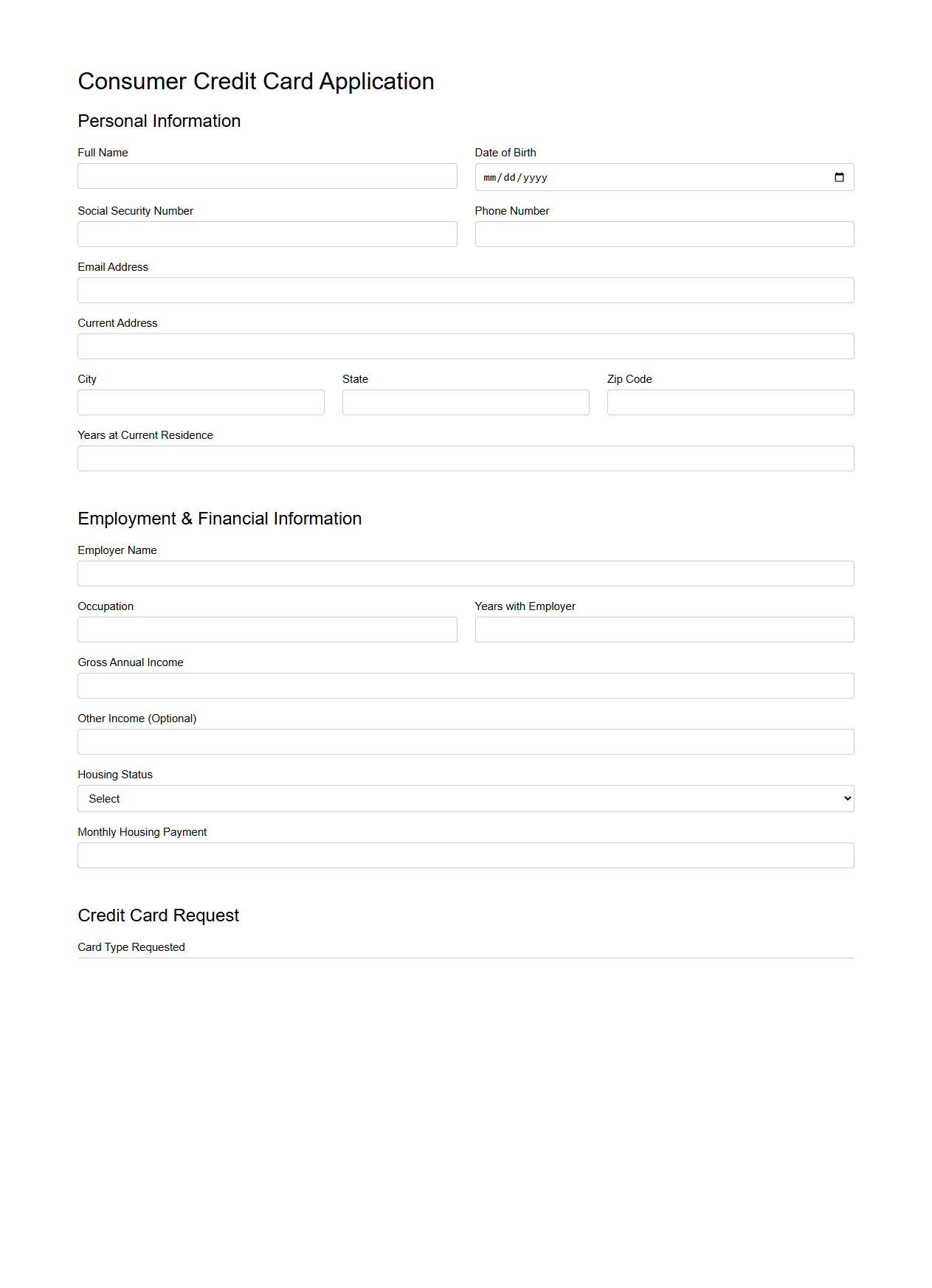 Consumer Blank Credit Card Application Template