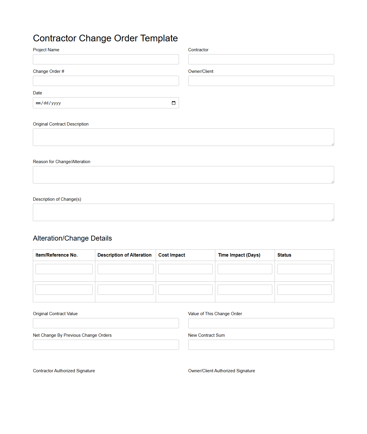 Contractor Change Order Template for Alteration Tracking