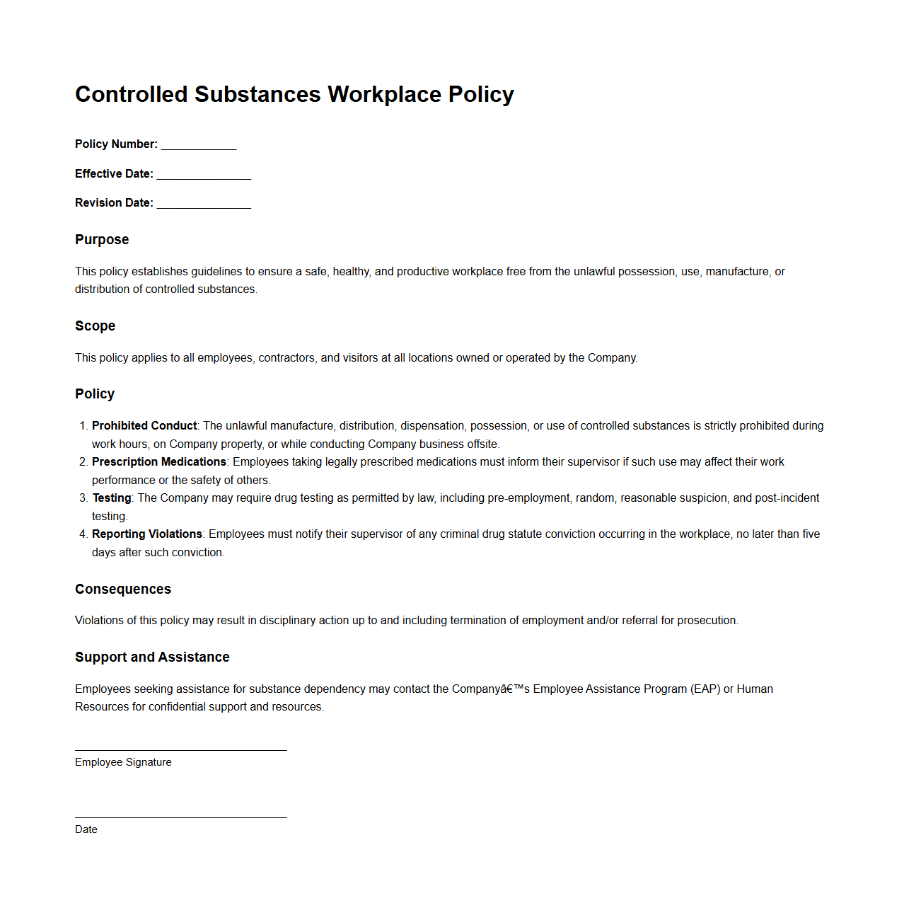 Controlled Substances Workplace Policy Example