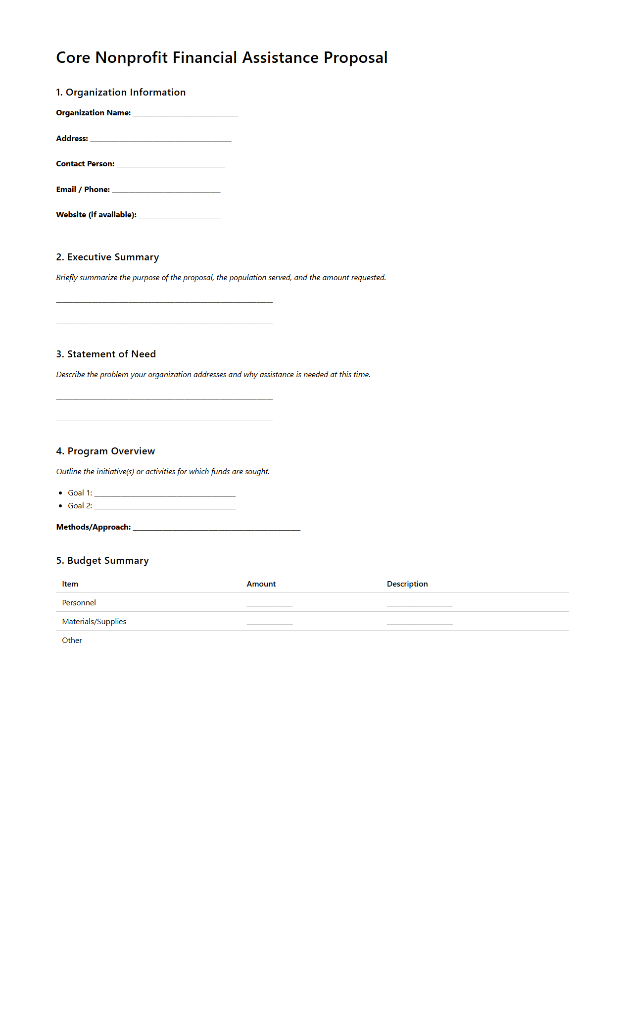 Core Nonprofit Financial Assistance Proposal