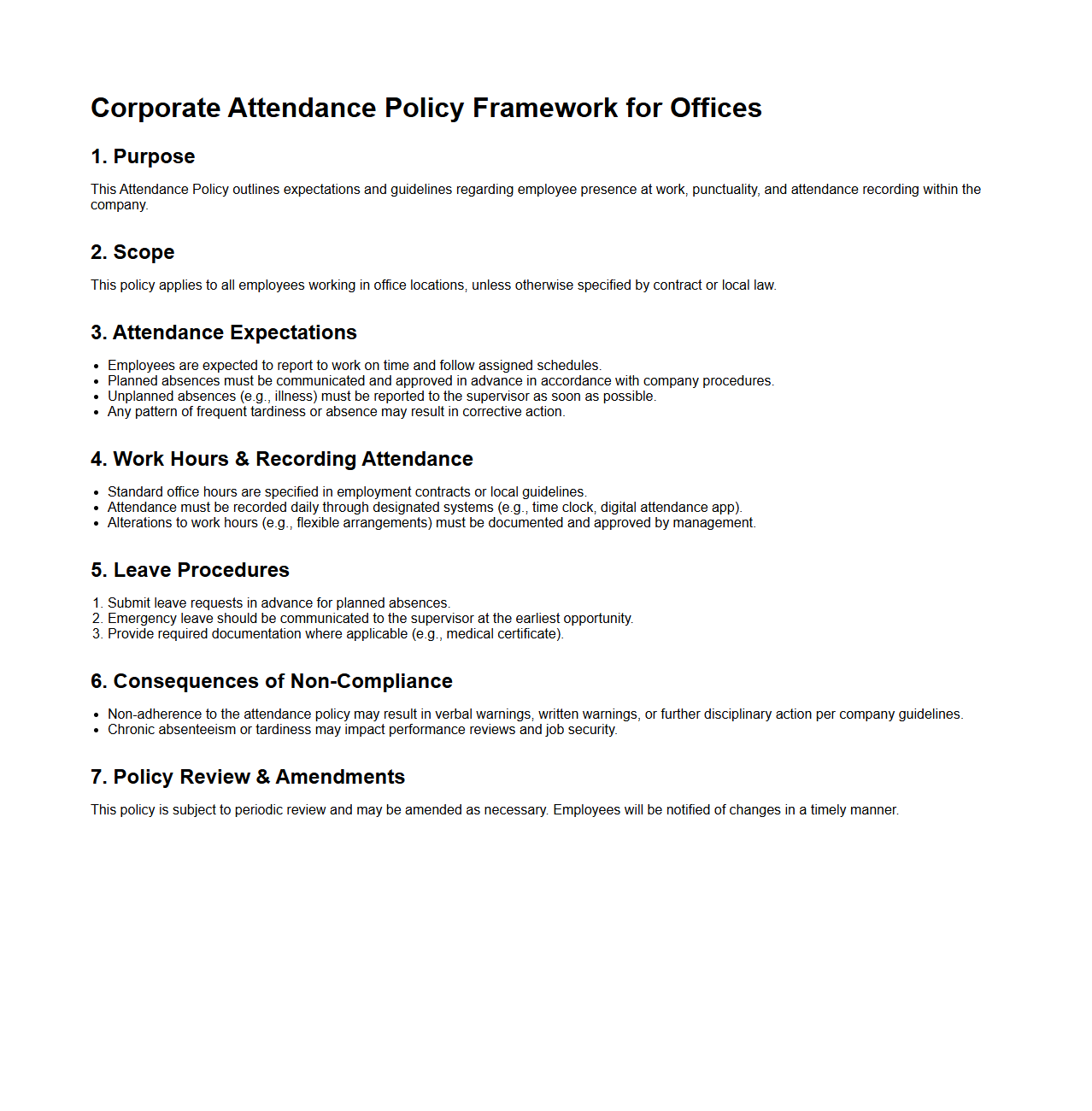 Corporate Attendance Policy Framework for Offices