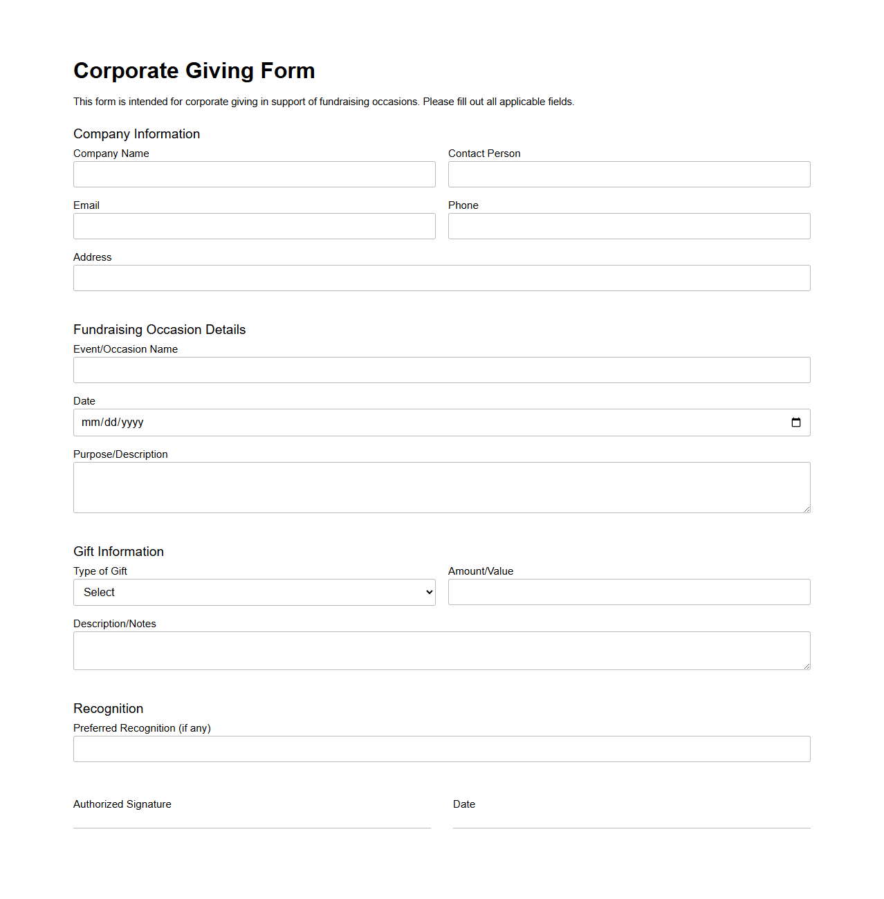Corporate Giving Blank Form for Fundraising Occasions