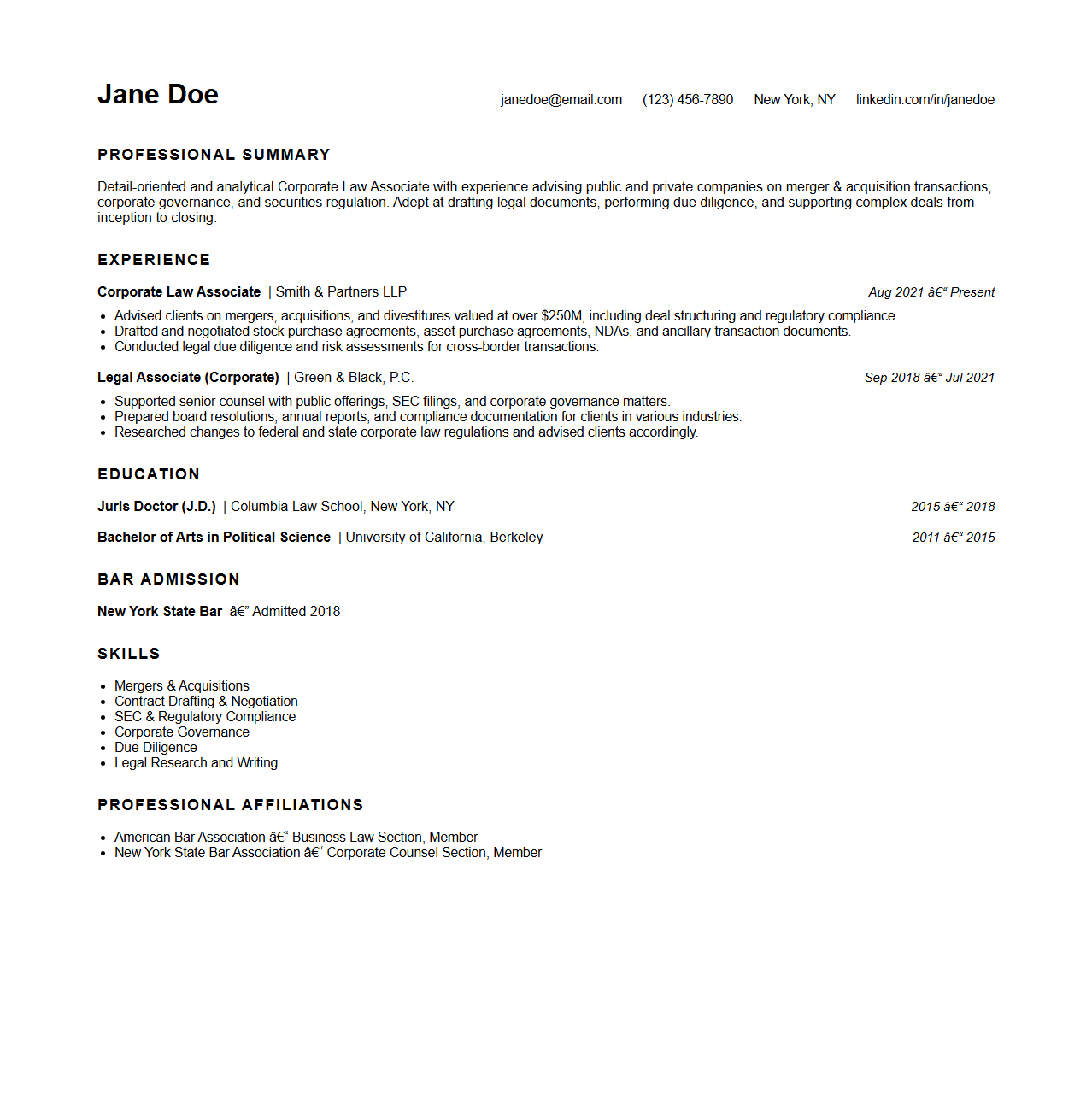 Corporate Law Associate Resume Template for Attorneys