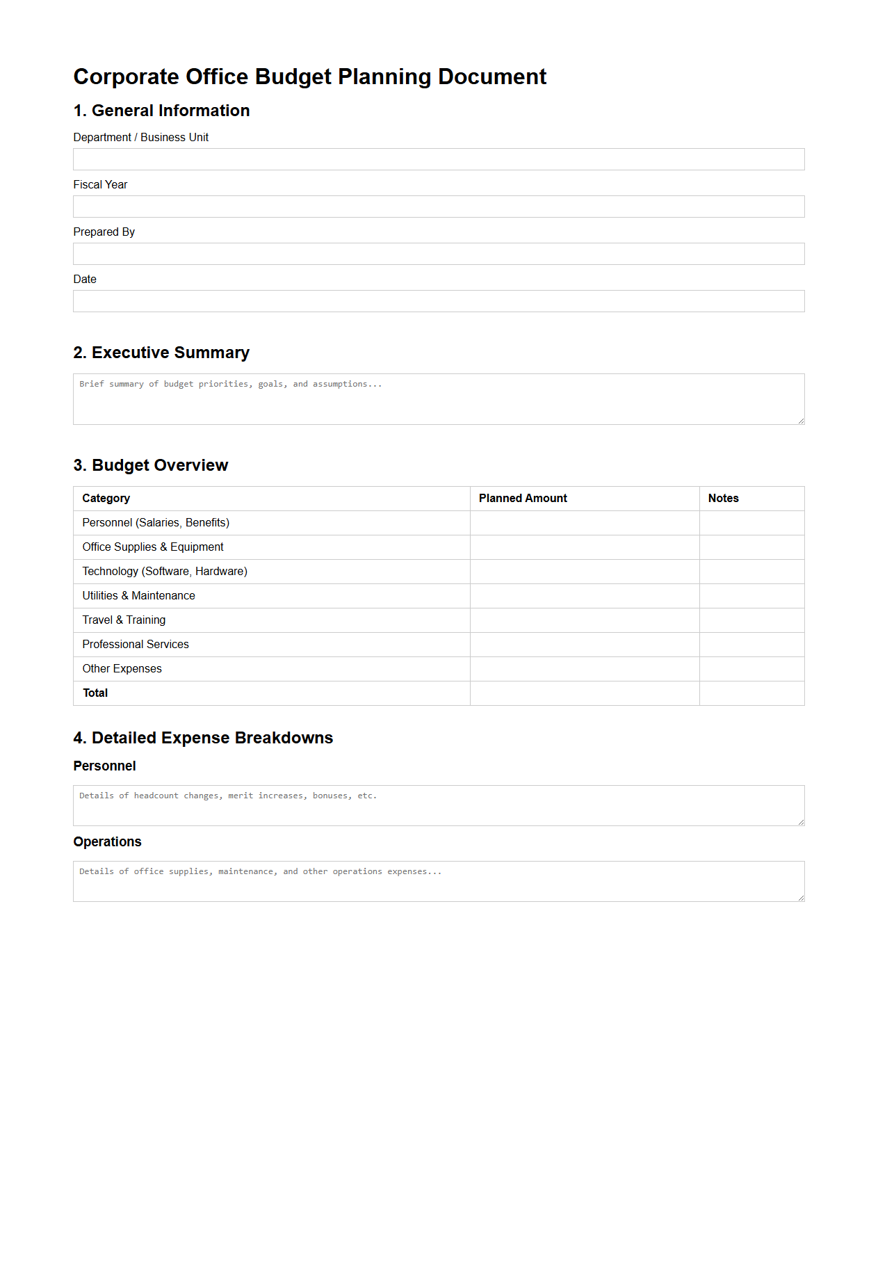Corporate Office Budget Planning Document