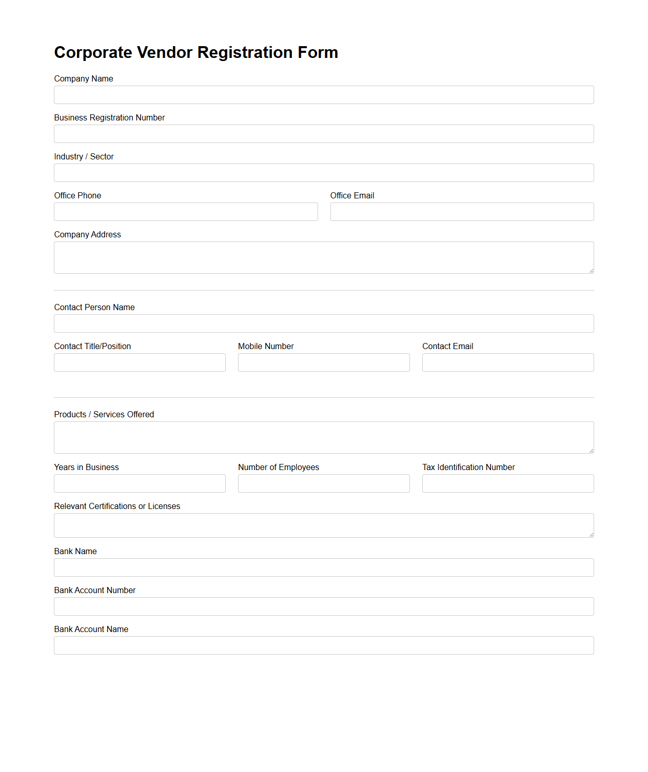 Corporate Vendor Registration Form