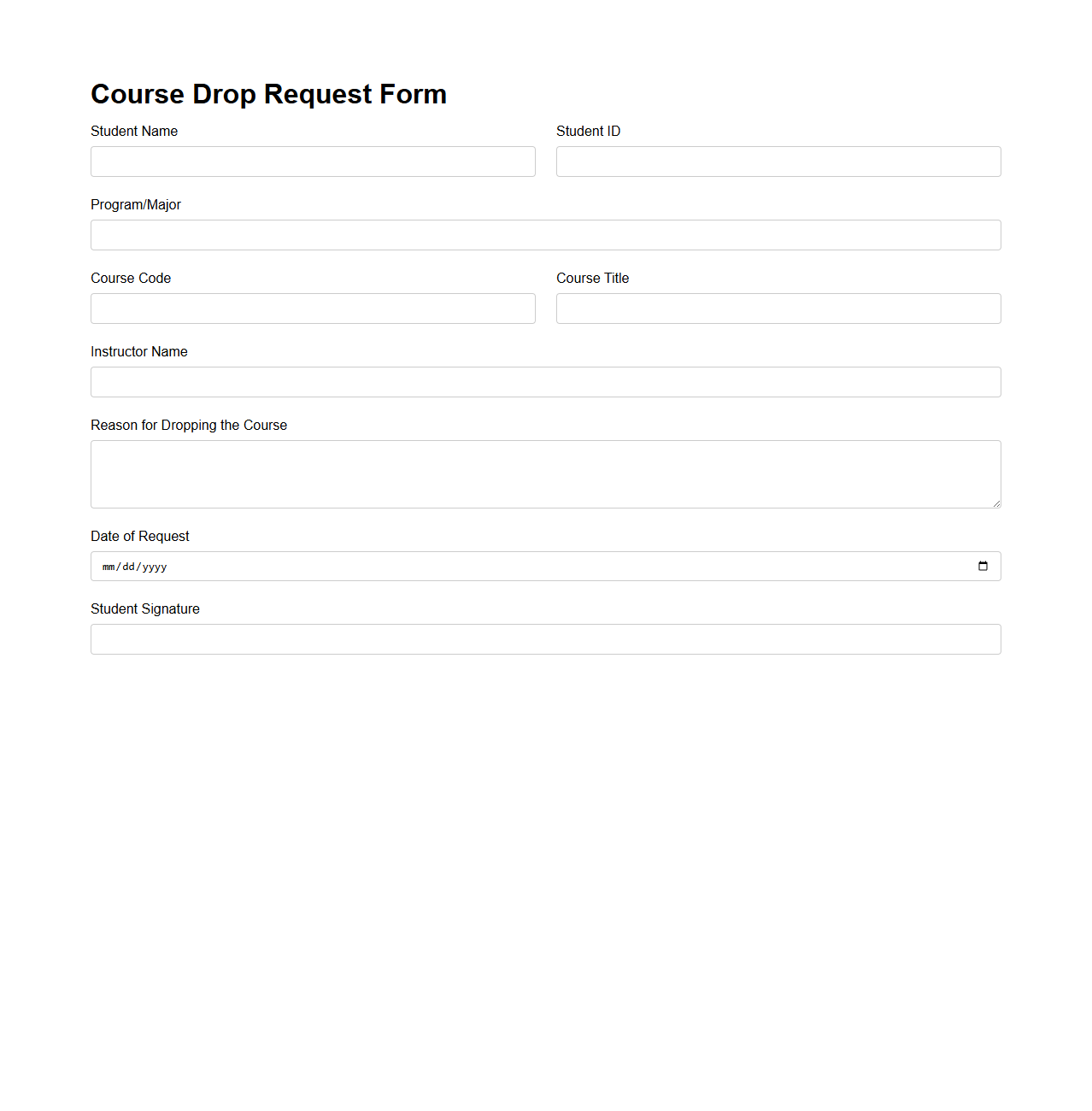 Course Drop Request Form Sample
