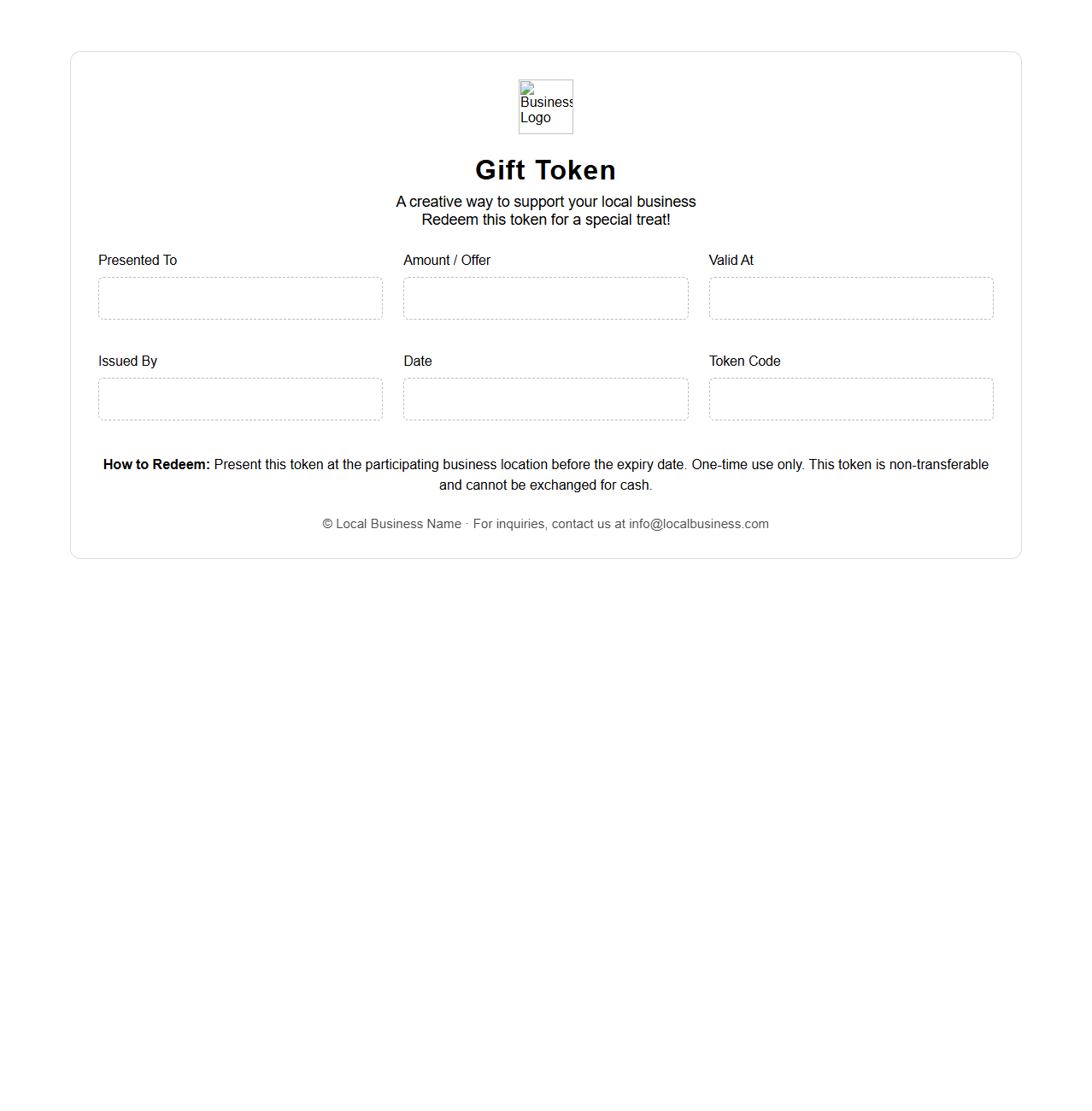 Creative Gift Token Template for Local Businesses