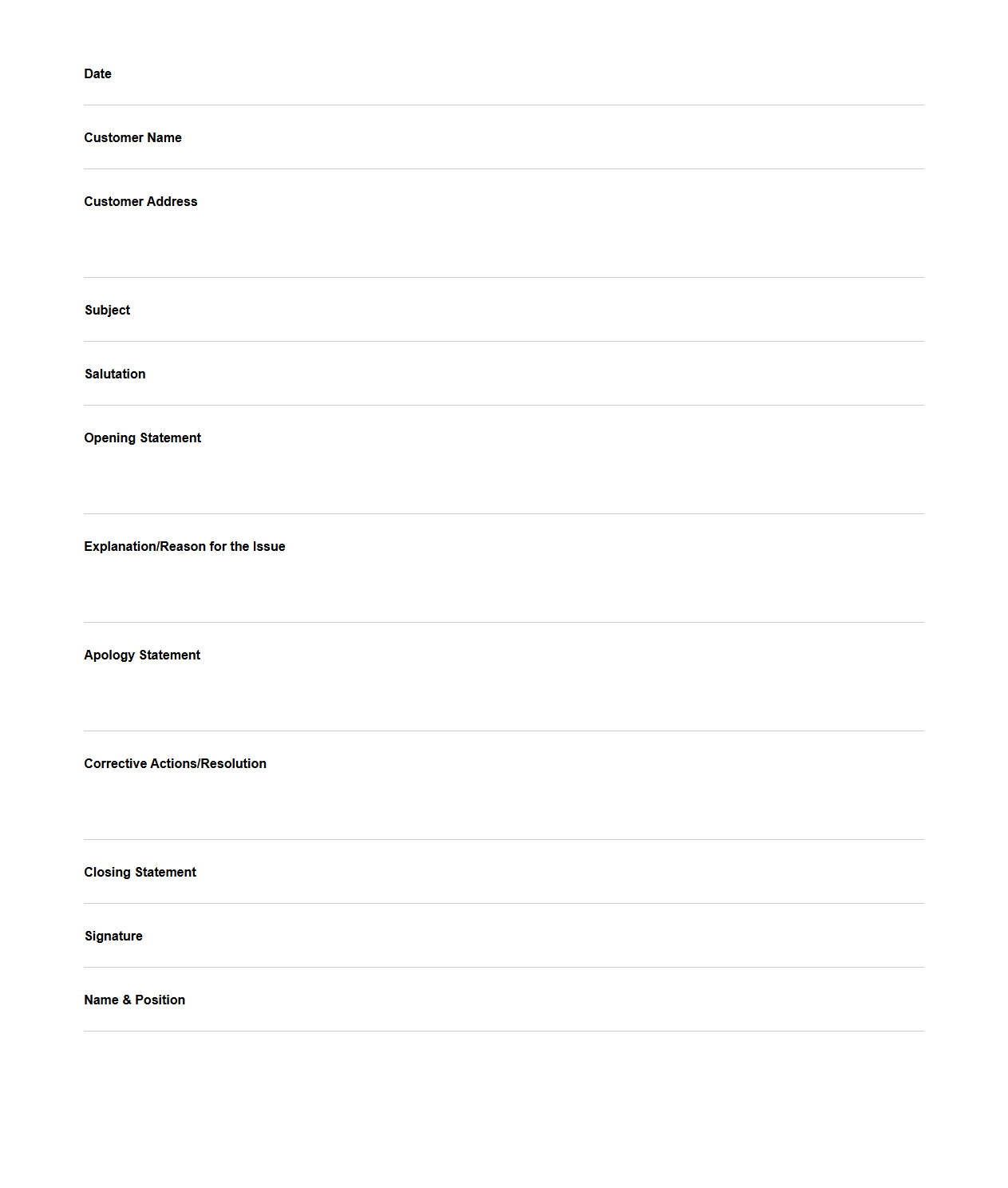 Customer Apology Letter Blank Structure