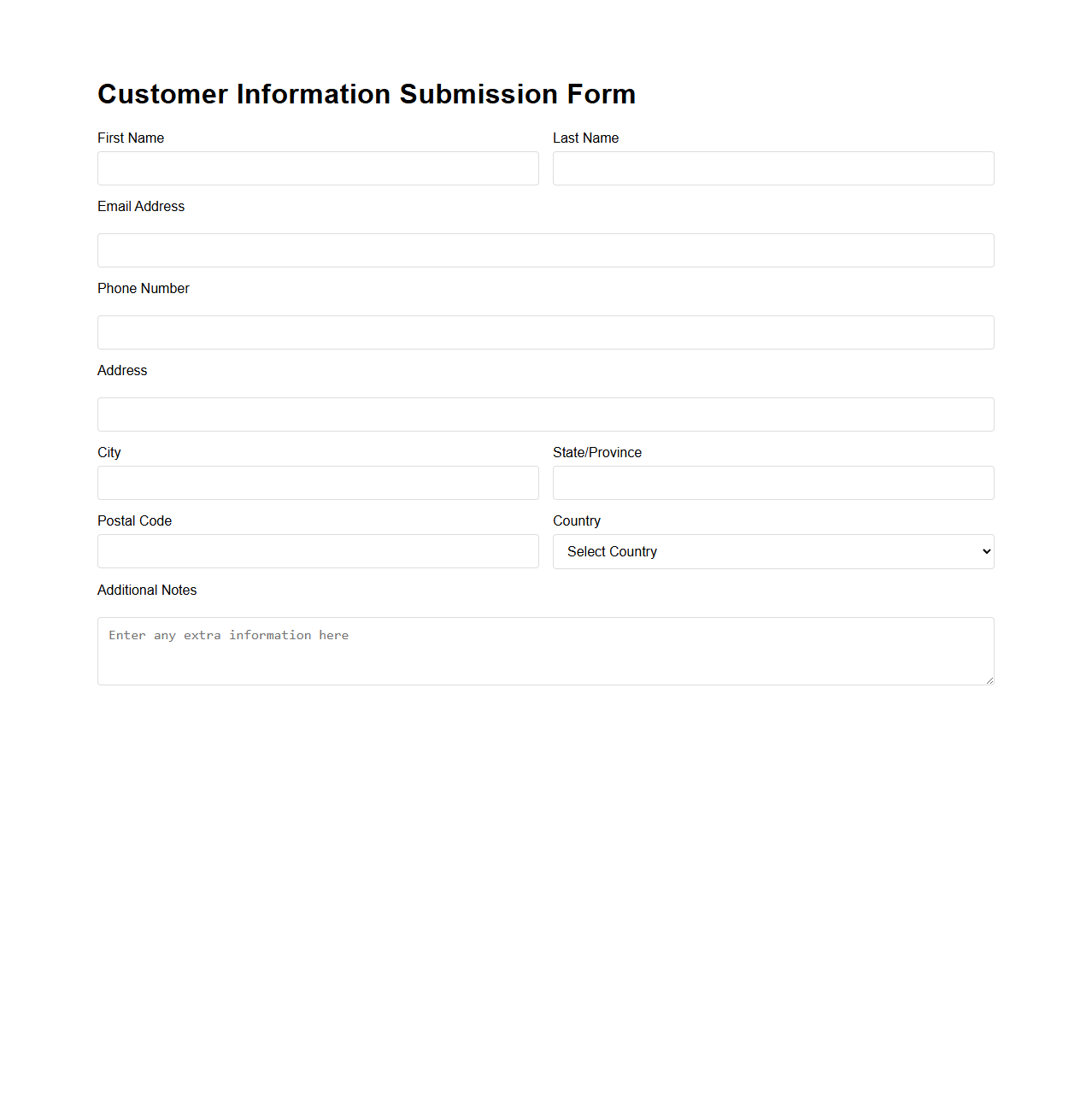 Customer Information Submission Form