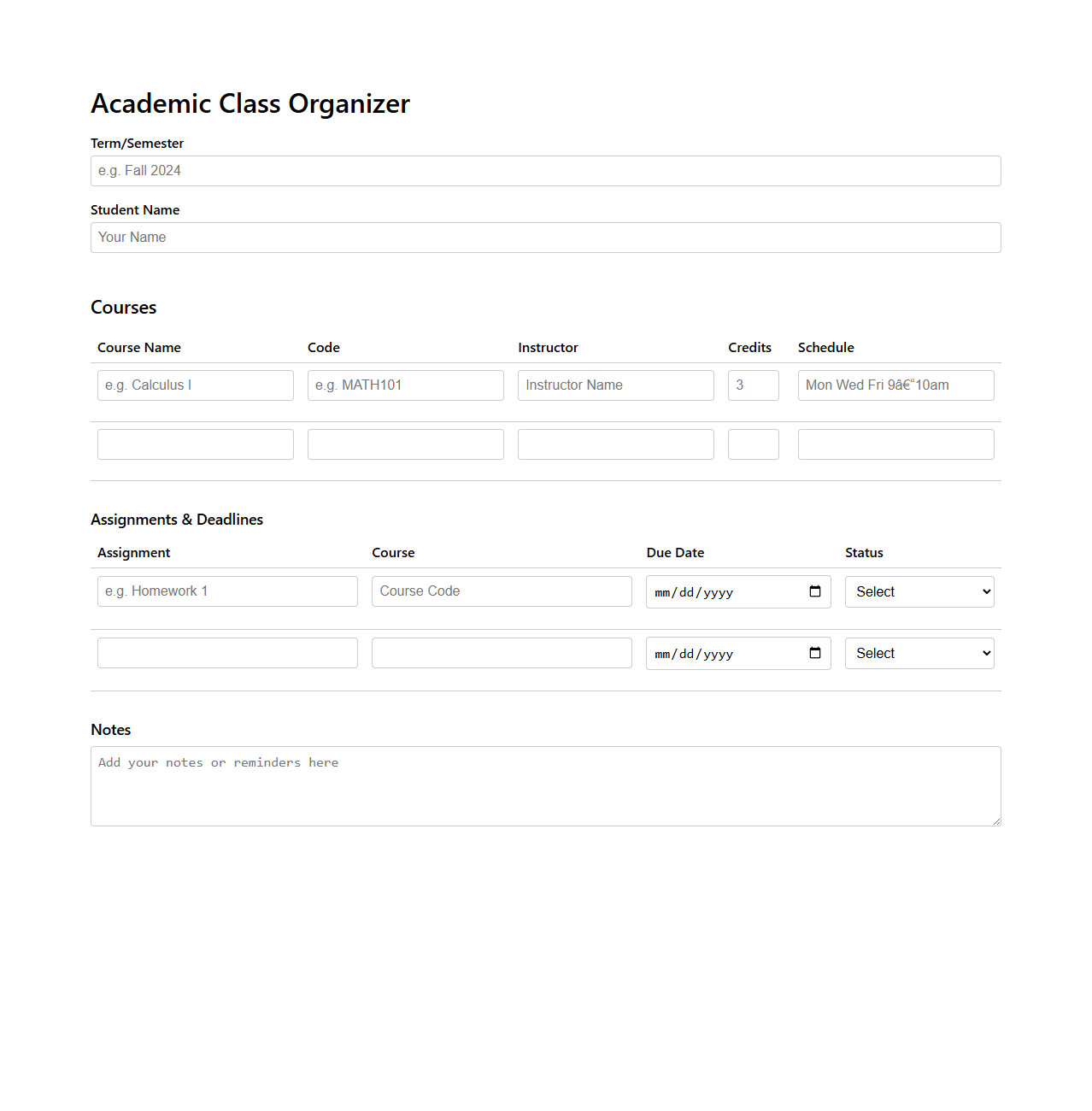 Customizable Academic Class Organizer