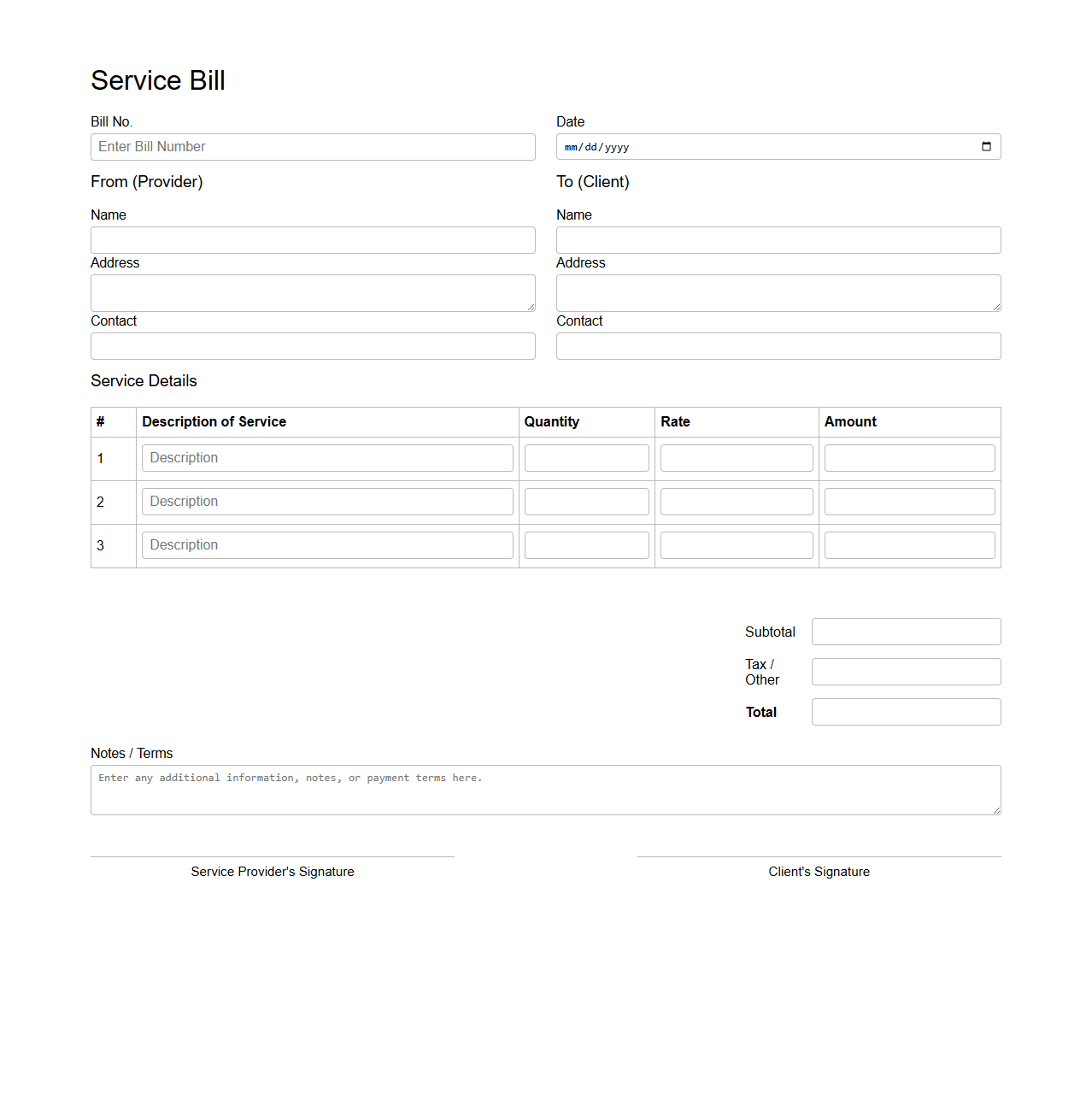 Customizable Blank Service Bill