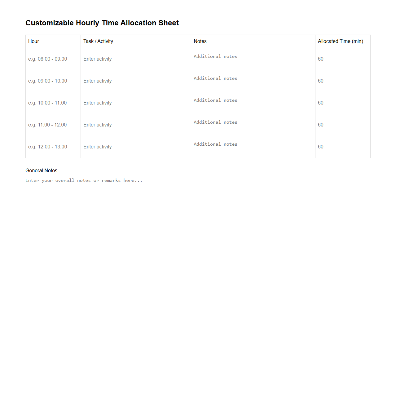 Customizable Hourly Time Allocation Sheet