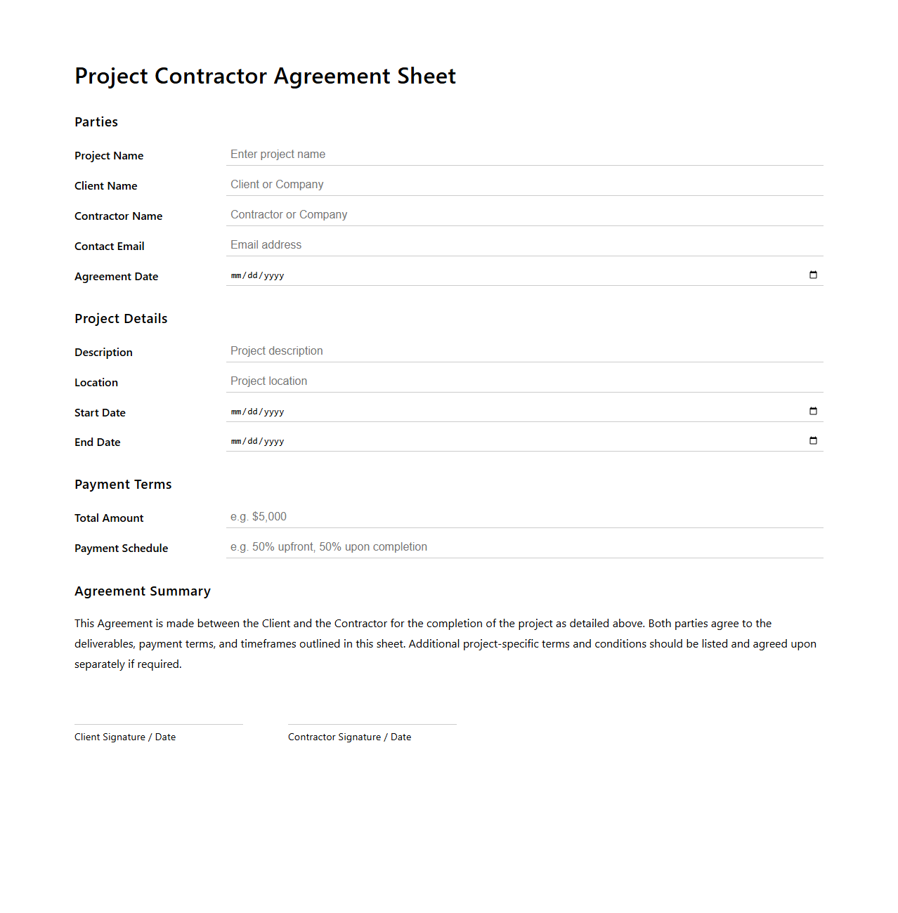 Customizable Project Contractor Agreement Sheet