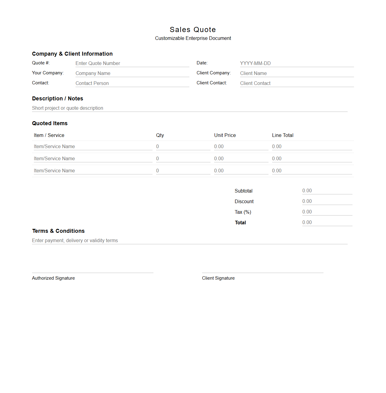 Customizable Sales Quote Document for Enterprises