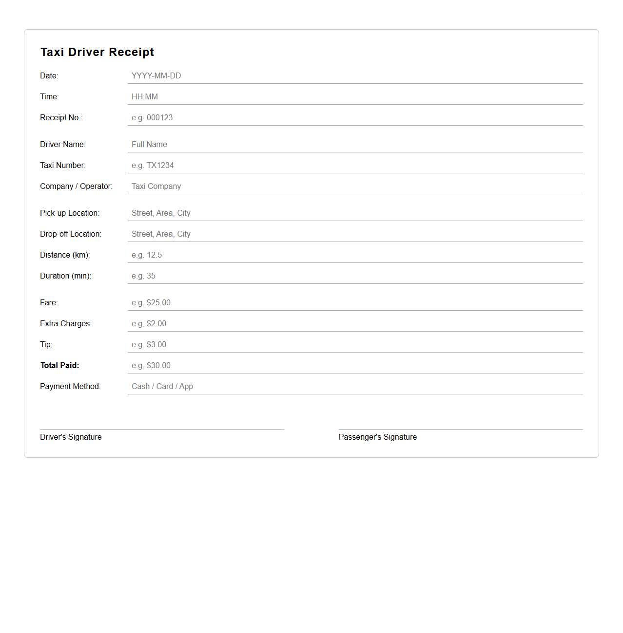 Customizable Taxi Driver Receipt Format