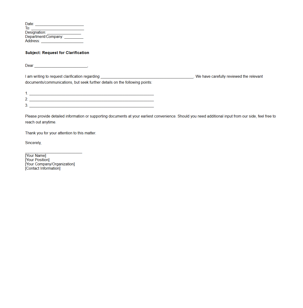 Customized Inquiry Letter Template for Clarifications