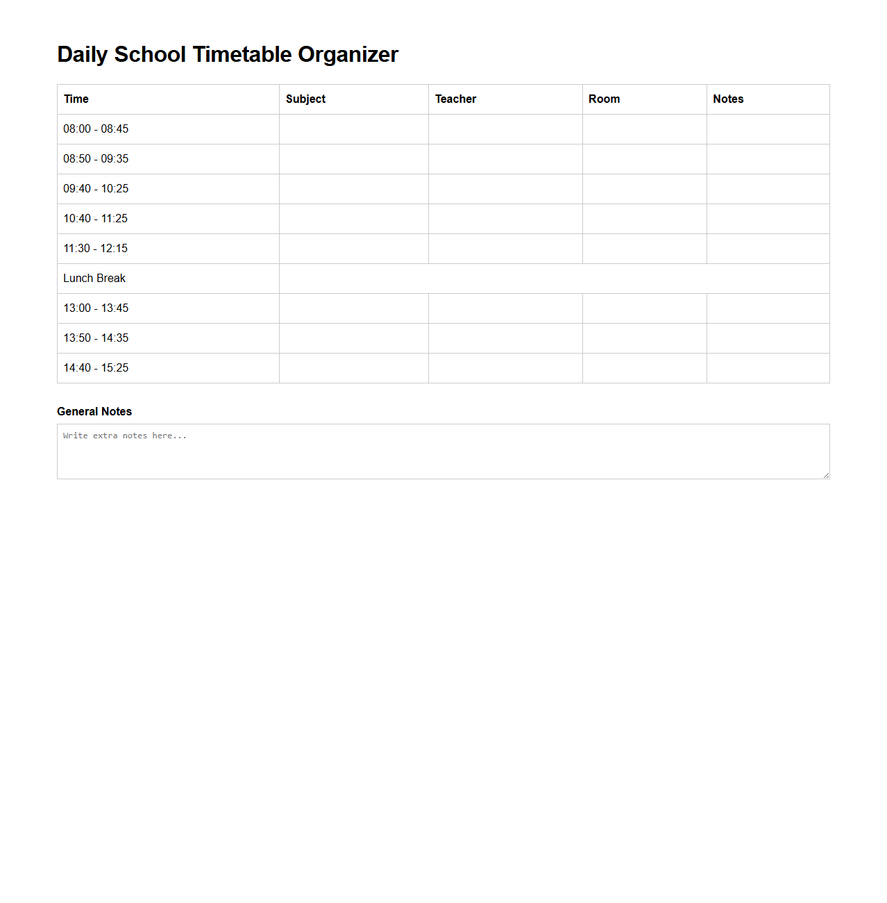 Daily School Timetable Organizer