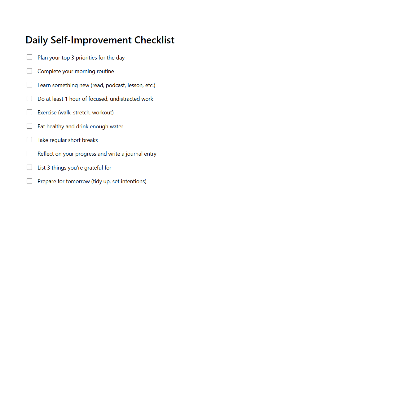 Daily Self-Improvement Checklist for Productivity