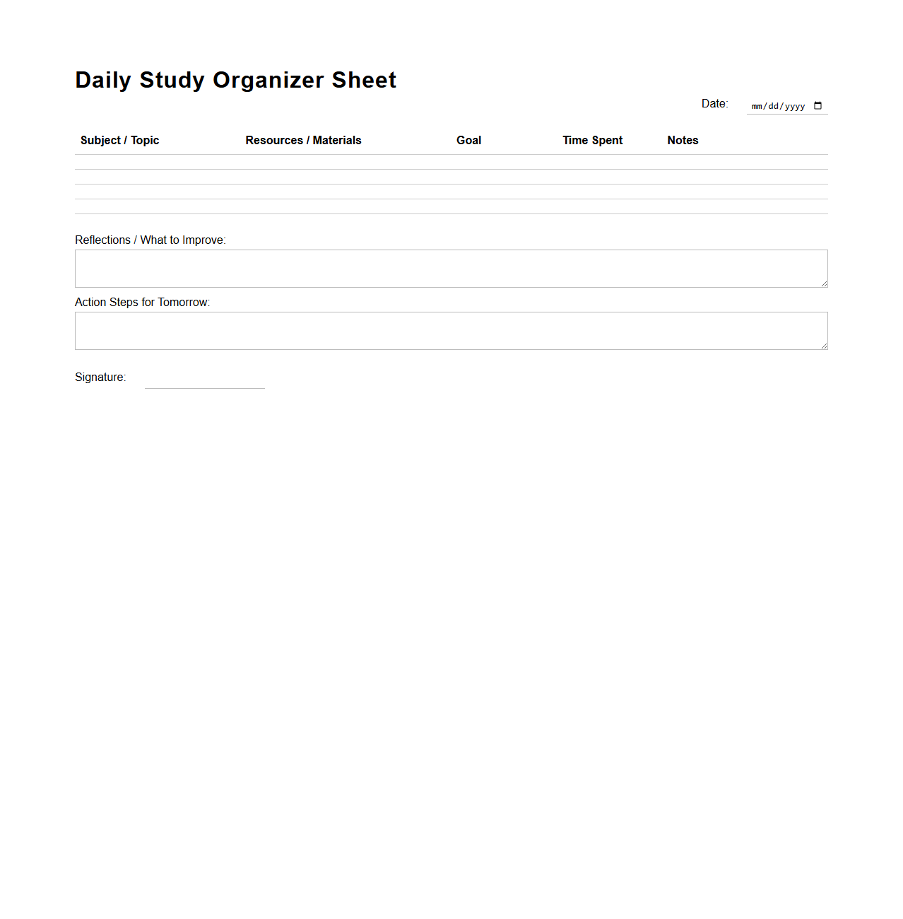 Daily Study Organizer Sheet for Test Readiness