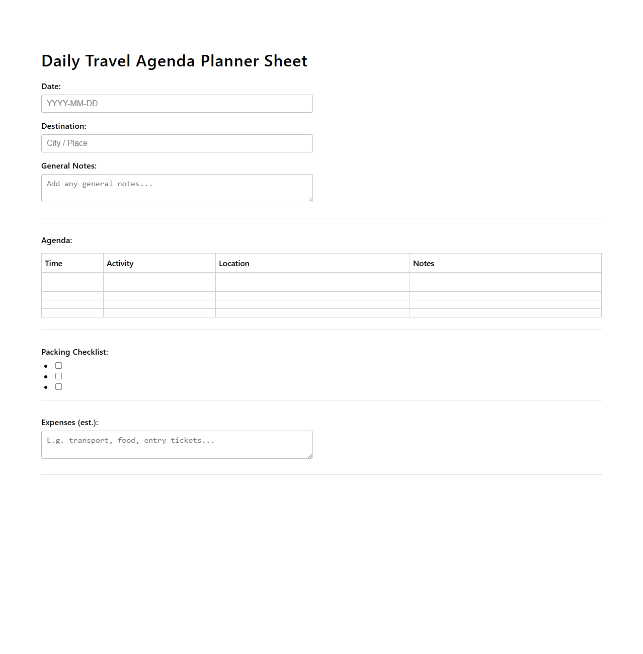 Daily Travel Agenda Planner Sheet