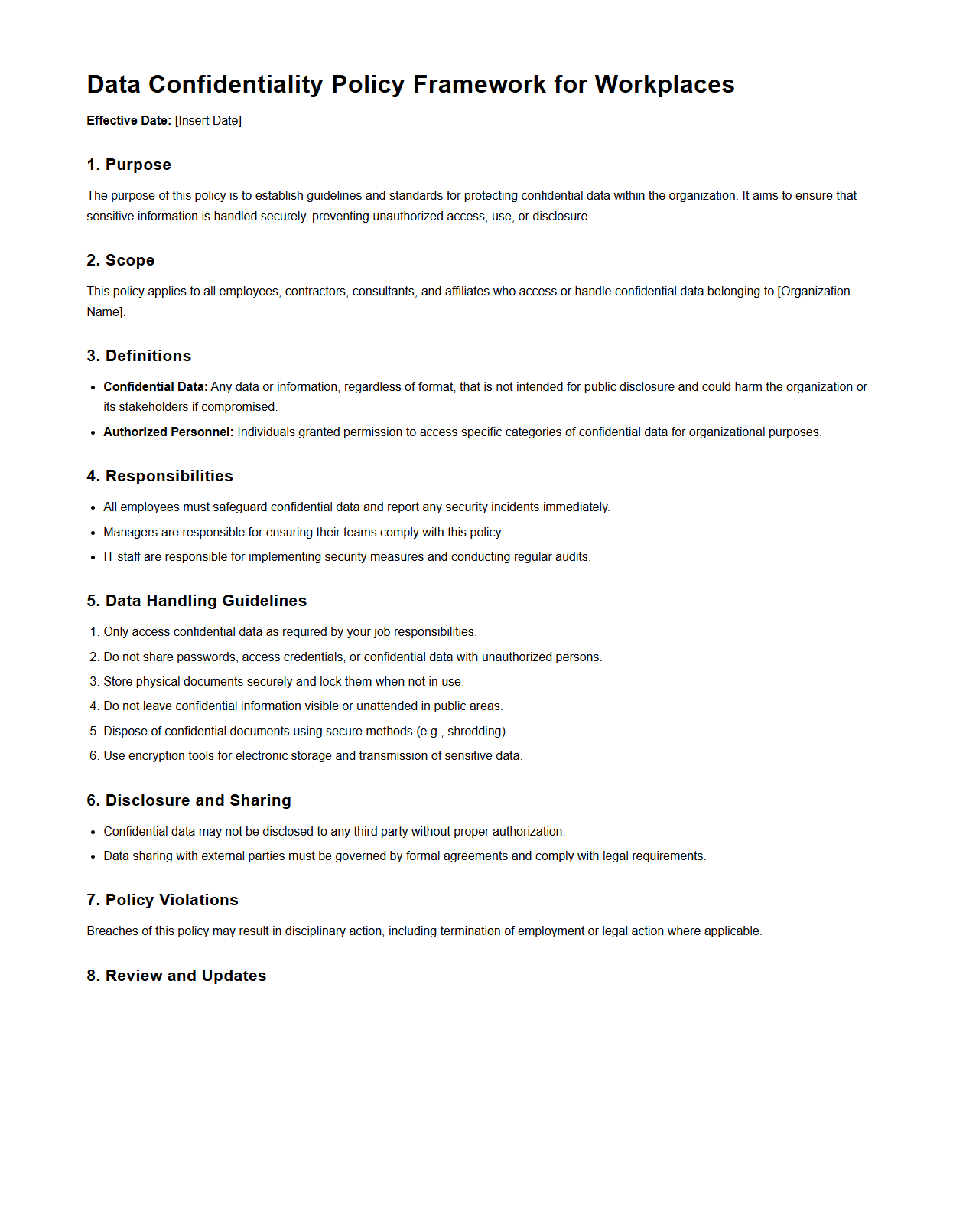 Data Confidentiality Policy Framework for Workplaces