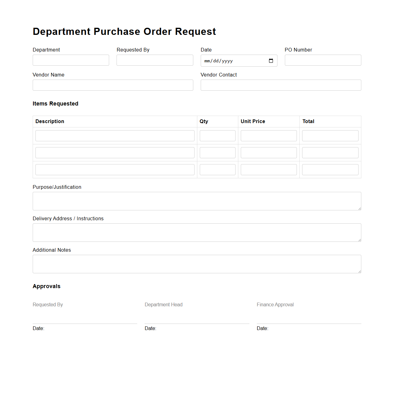 Department Purchase Order Request Template