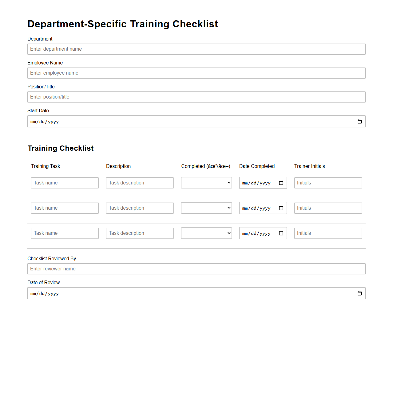 Department-Specific Training Checklist Template