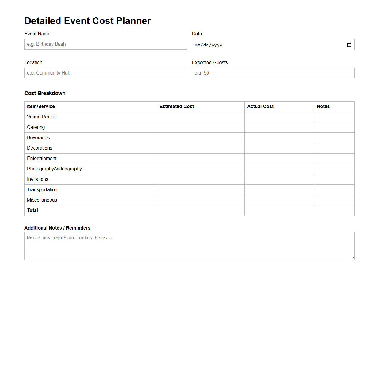 Detailed Event Cost Planner for Parties