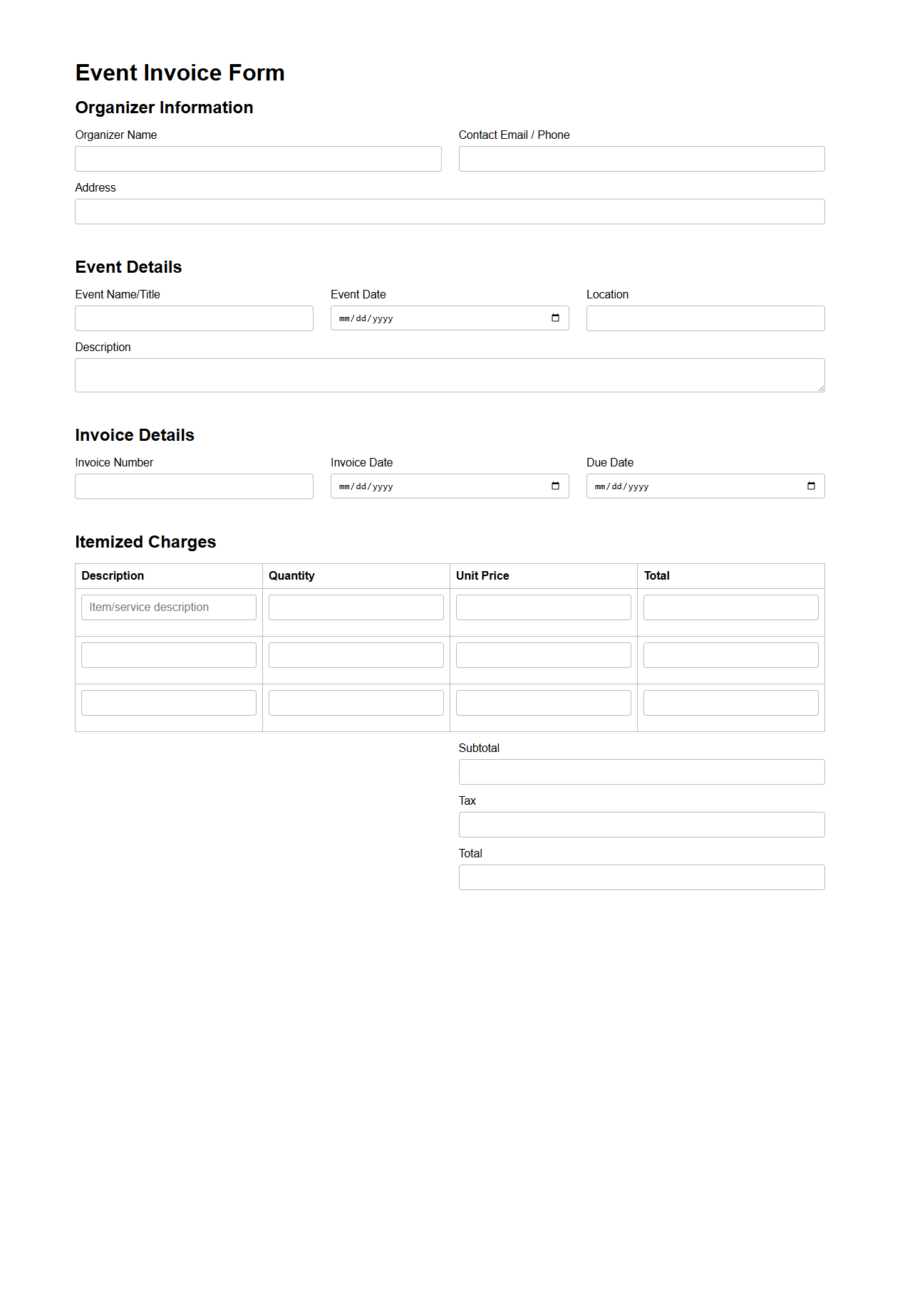 Detailed Event Invoice Form for Organizers