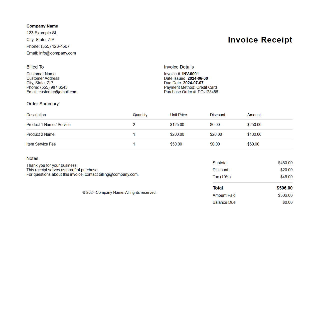 Detailed Invoice Receipt Template for Purchase Validation