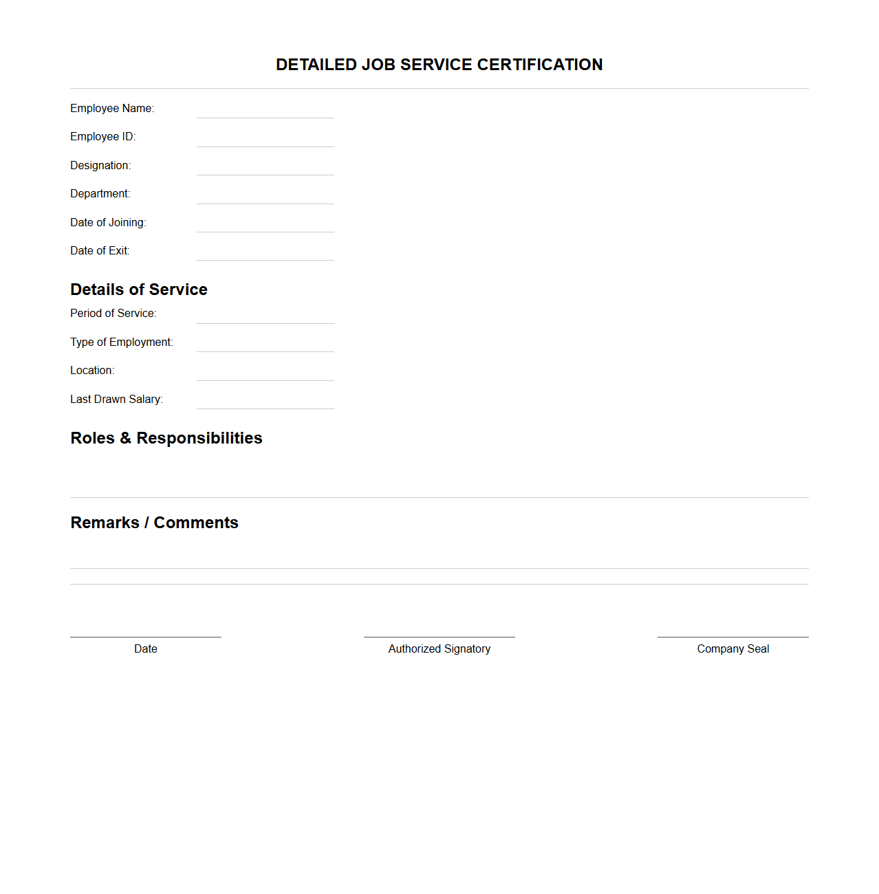 Detailed Job Service Certification Format