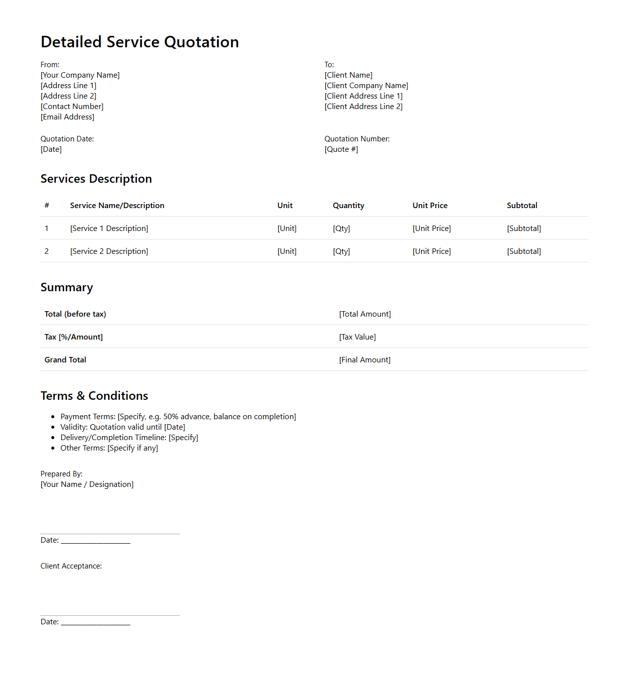Detailed Service Quotation Format for Client Offerings