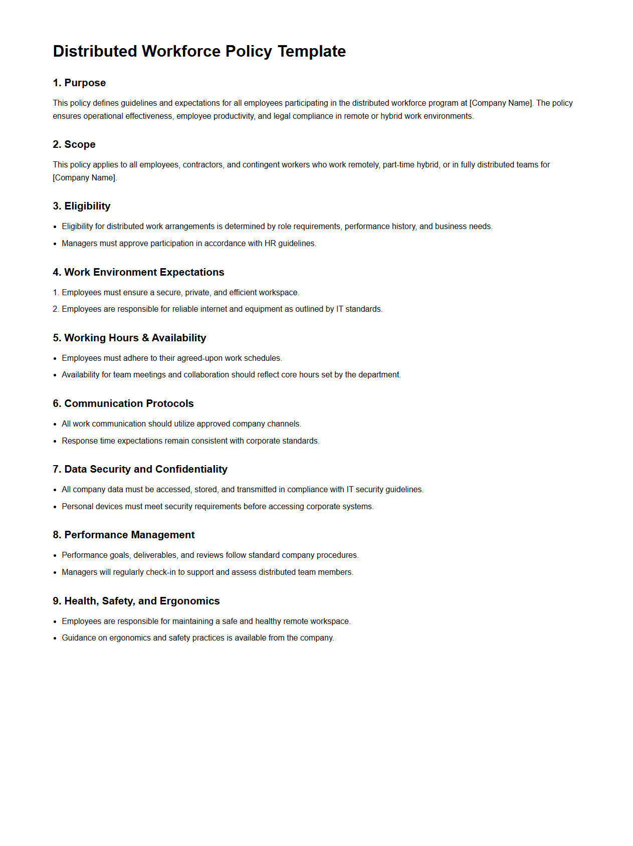 Distributed Workforce Policy Template for Corporations