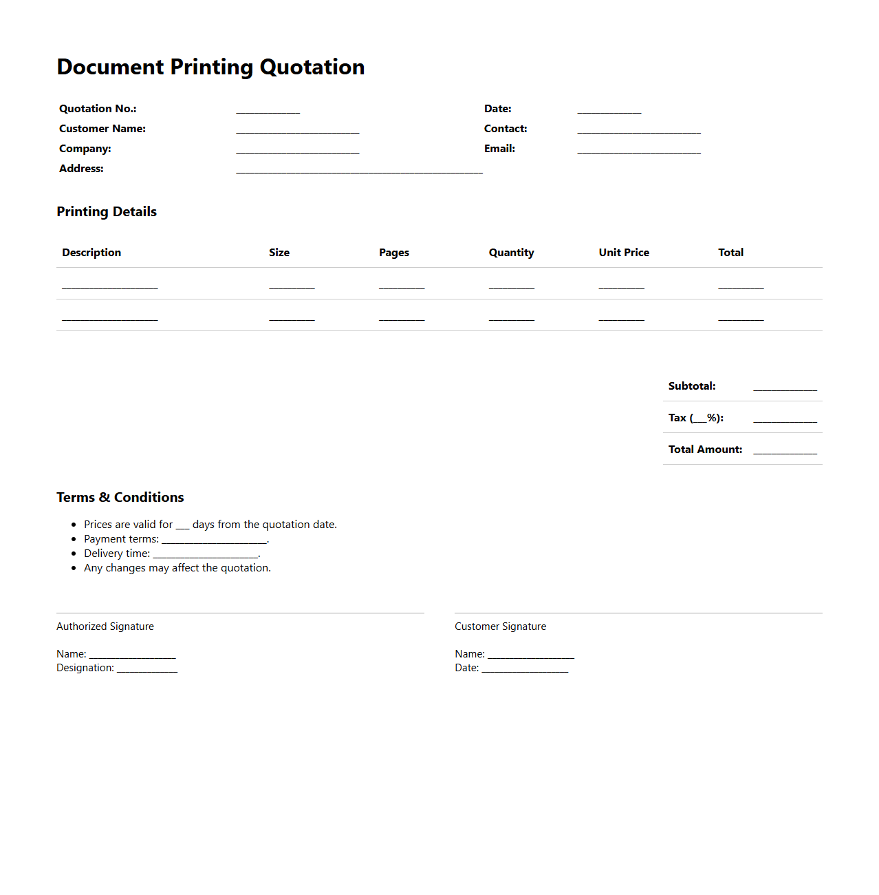 Document Printing Quotation Sample