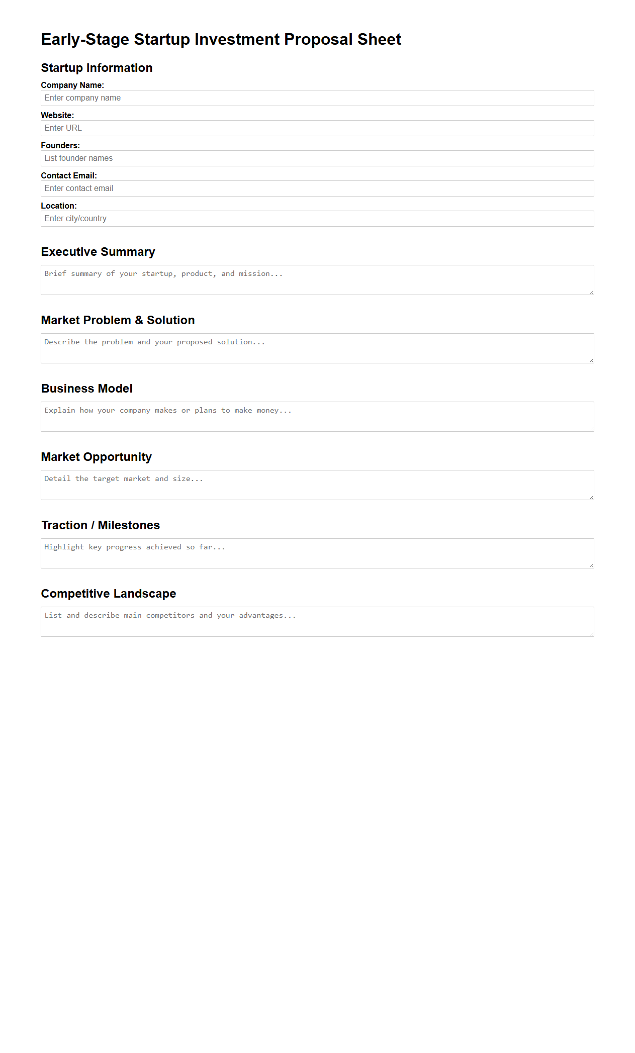 Early-Stage Startup Investment Proposal Sheet