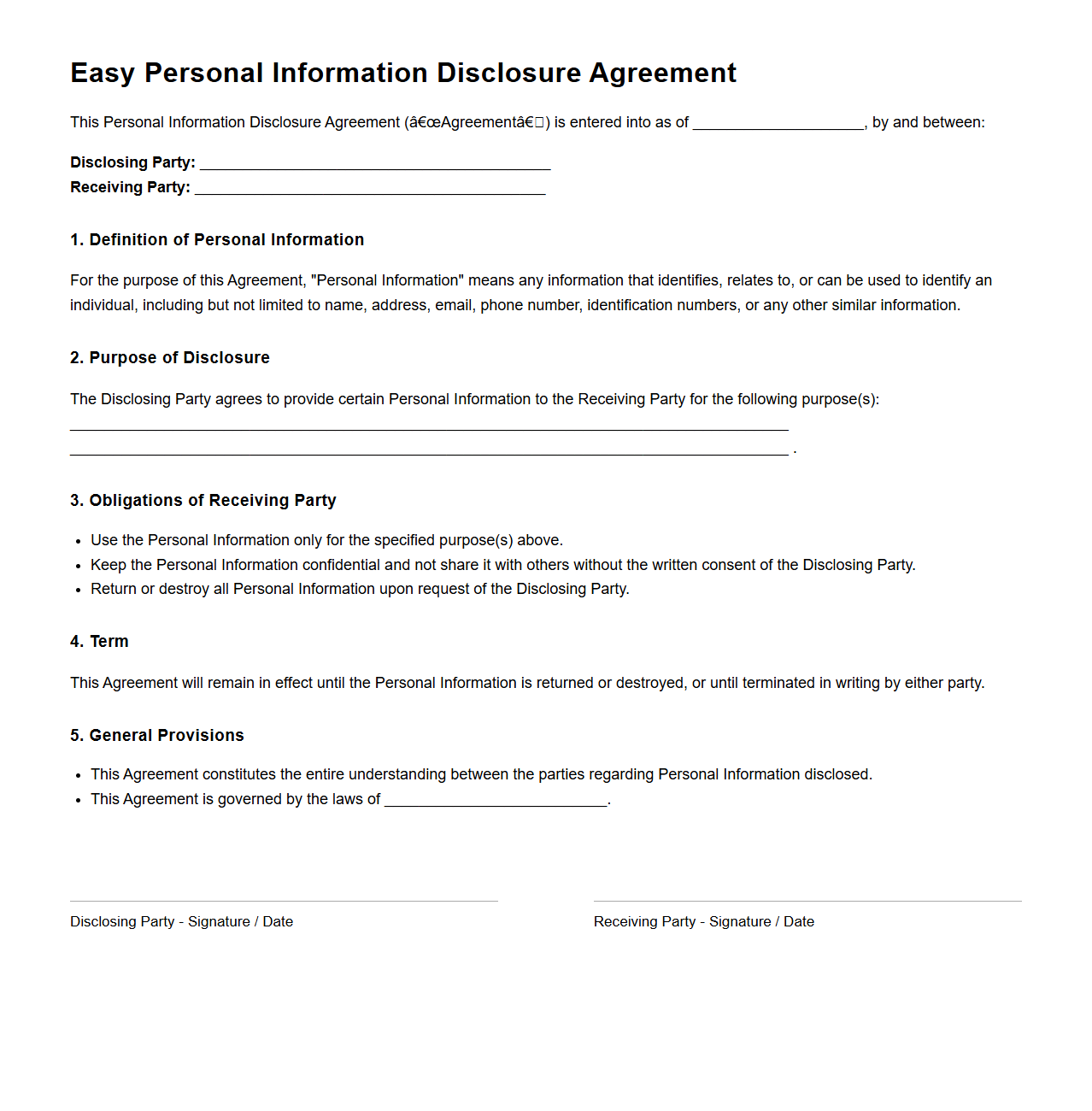 Easy Personal Information Disclosure Agreement Template