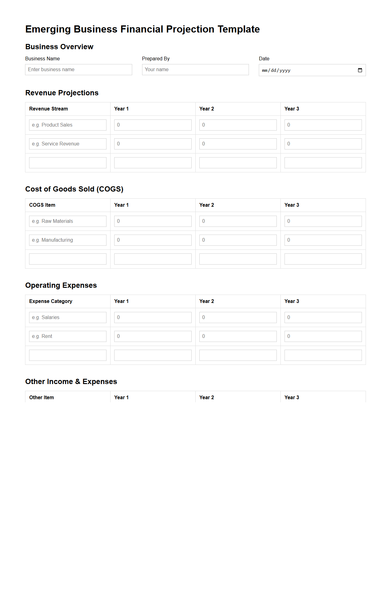 Emerging Business Financial Projection Template