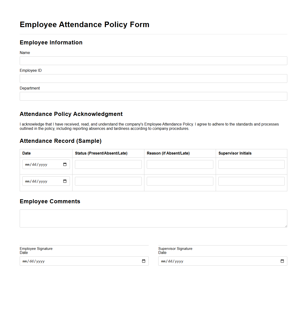 Employee Attendance Policy Form