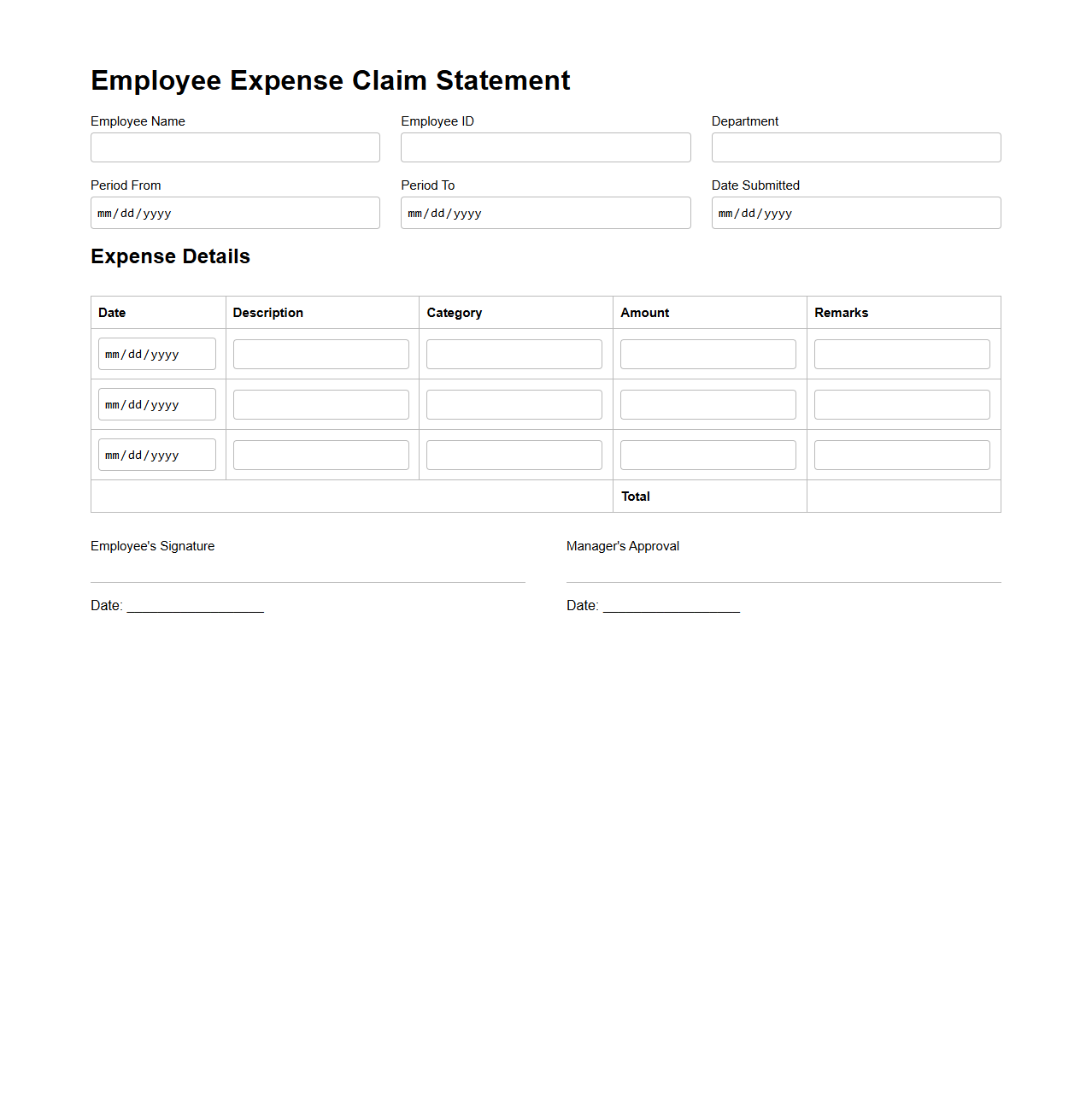 Employee Blank Expense Claim Statement