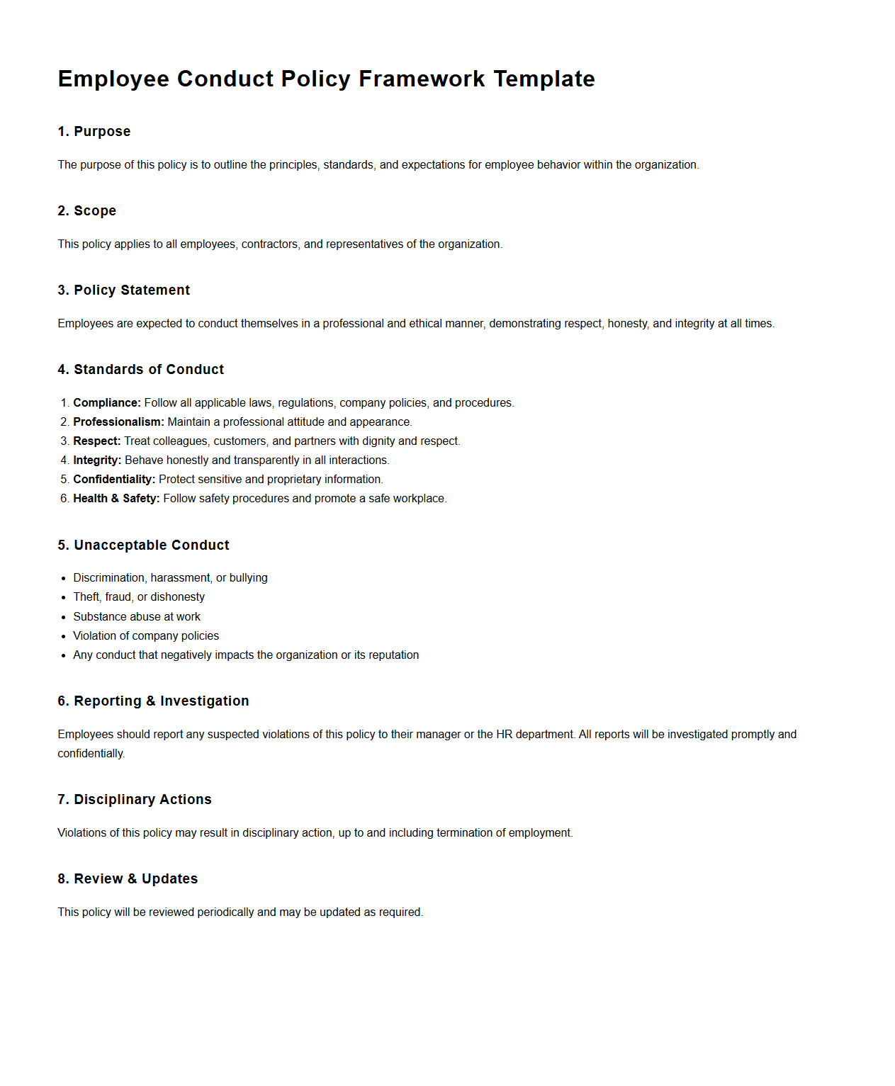 Employee Conduct Policy Framework Template