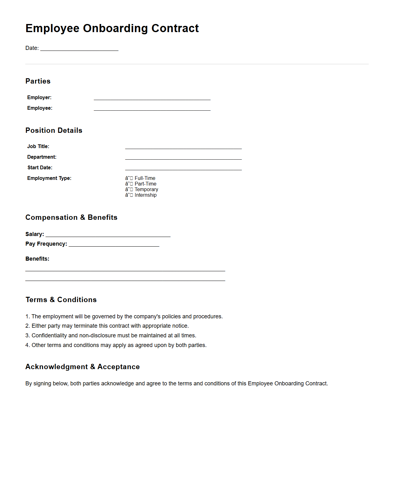 Employee Onboarding Contract Template